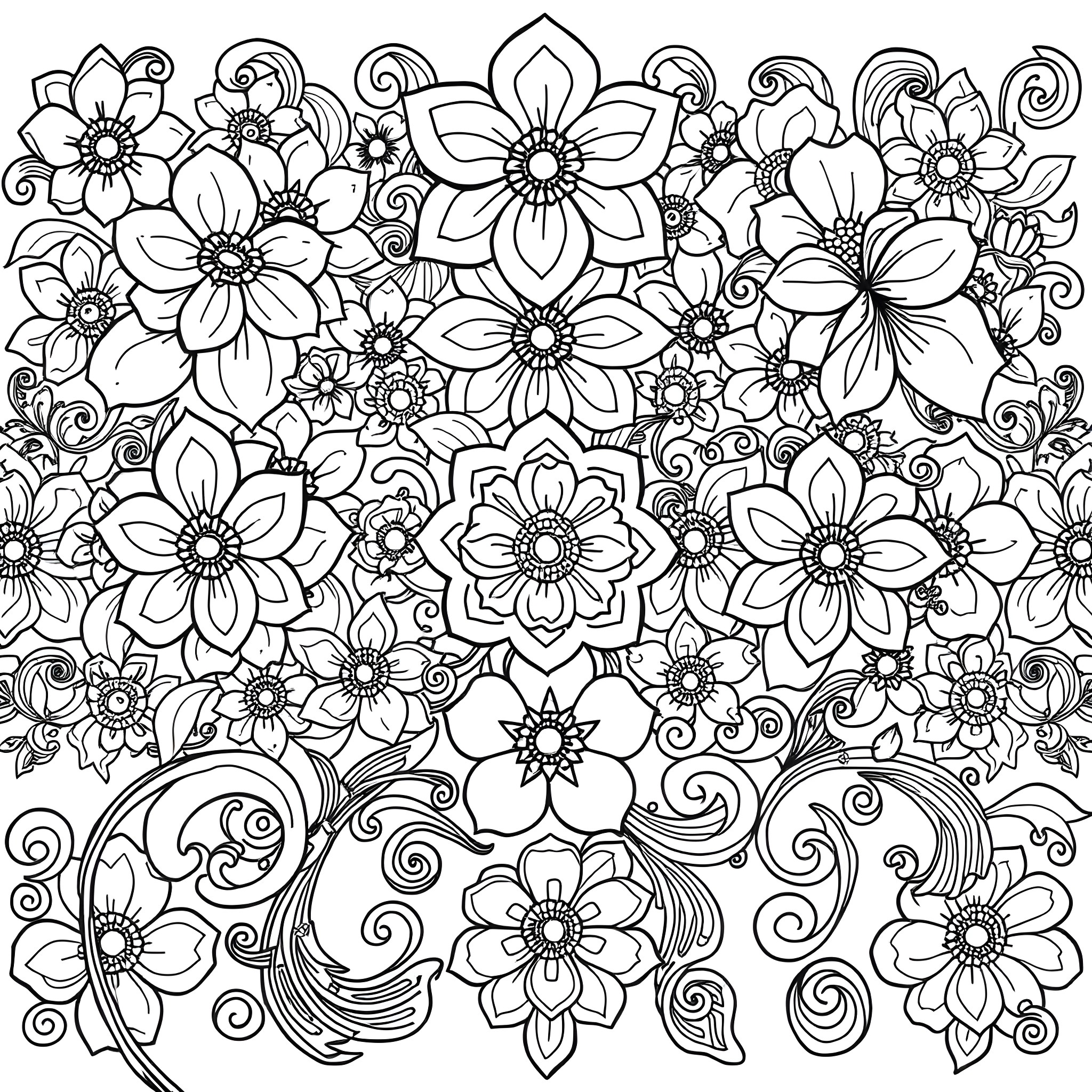Flower garden with intricate floral patterns Coloring Page (free black-and-white line drawing printable PDF for all, from beginners to advanced learners, including children, teens, adults, and seniors)