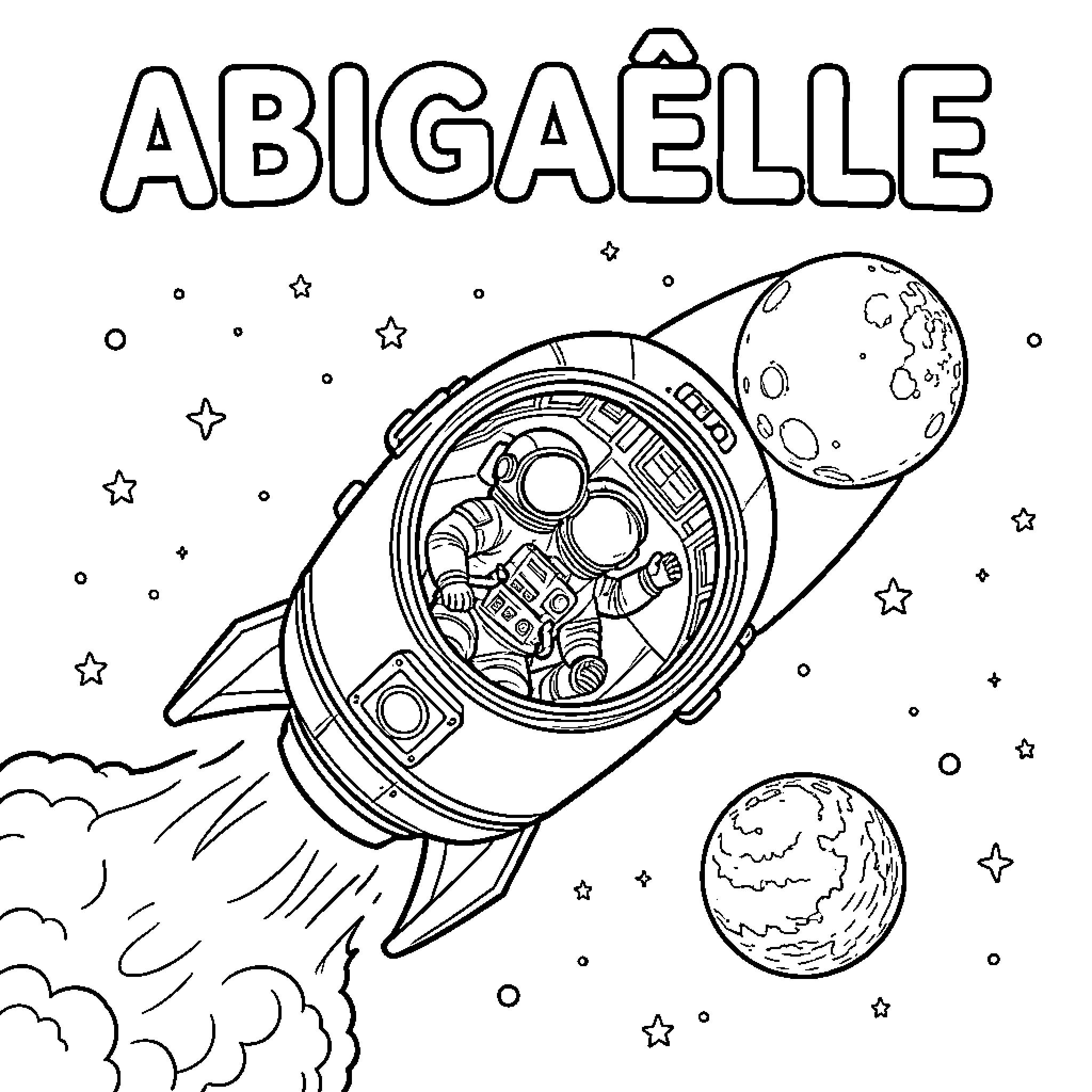 Astronaut traveling through space inside a rocket ship Coloring Page (free black-and-white line drawing printable PDF for all, from beginners to advanced learners, including children, teens, adults, and seniors)