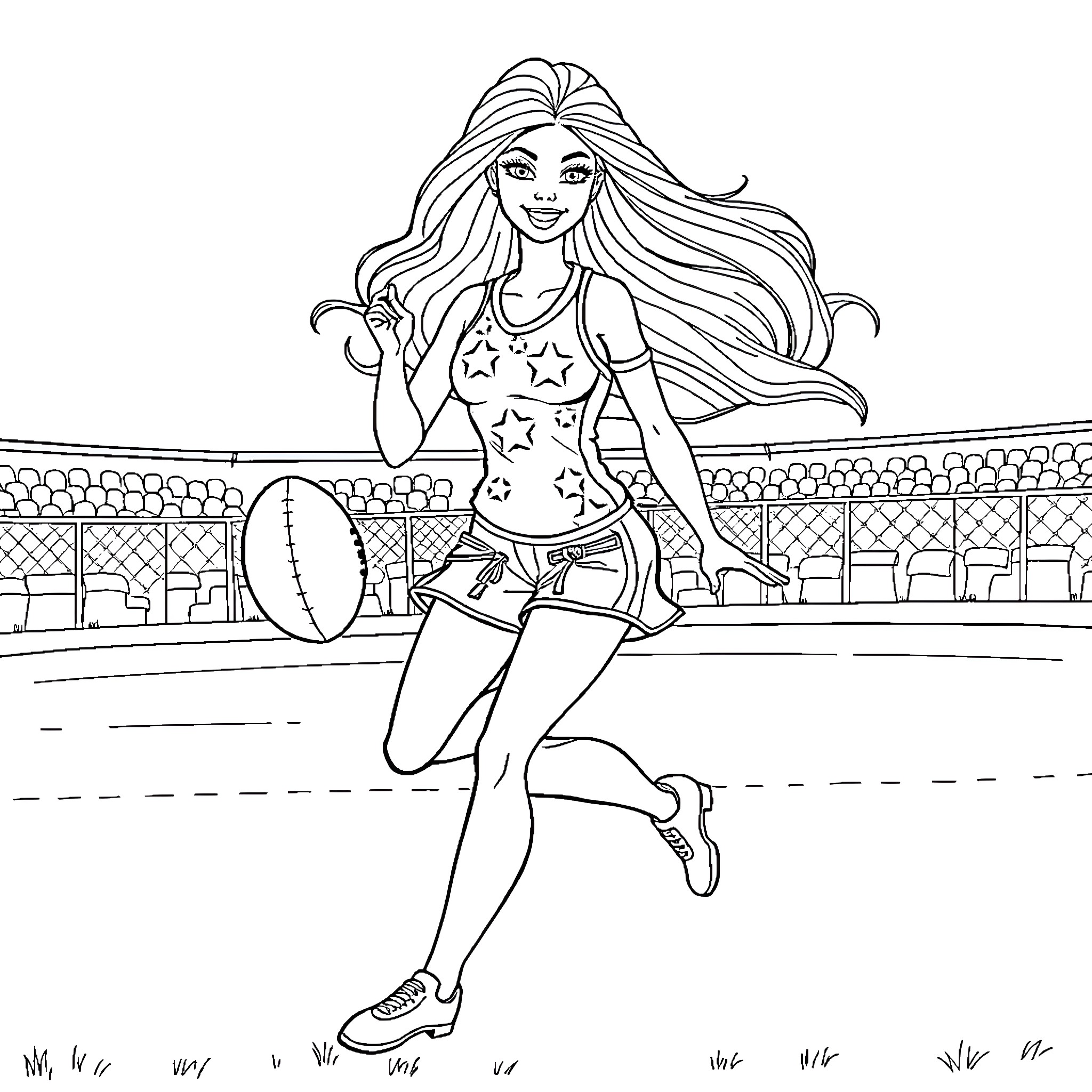 Barbie playing sports on the field Coloring Page (free black-and-white line drawing printable PDF for all, from beginners to advanced learners, including children, teens, adults, and seniors)