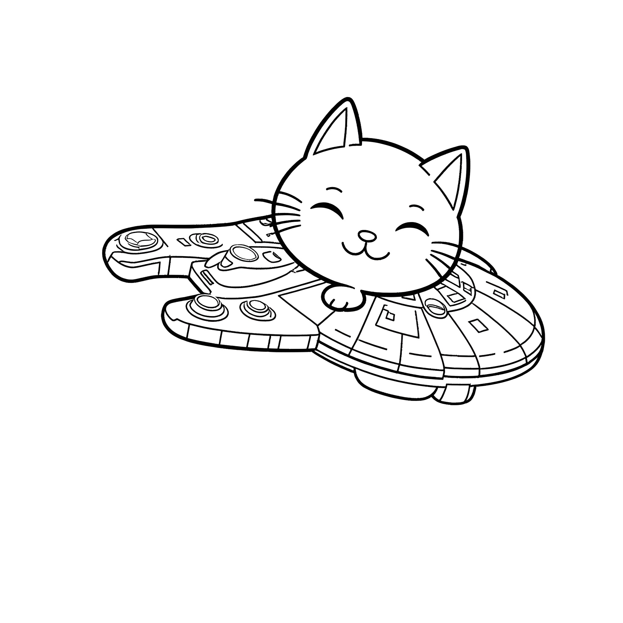 Unikitty flying in a colorful spaceship Coloring Page (free black-and-white line drawing printable PDF for all, from beginners to advanced learners, including children, teens, adults, and seniors)