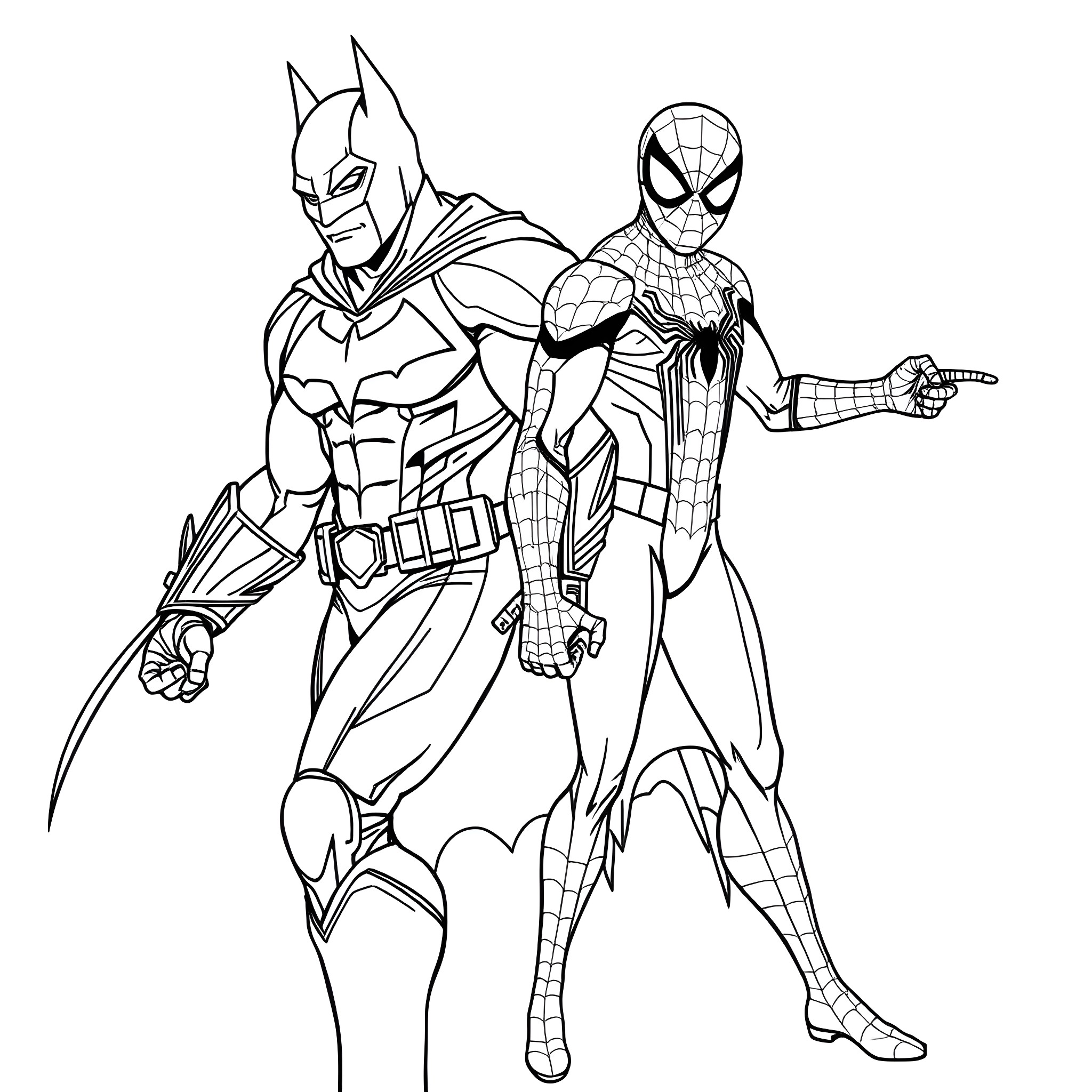 Batman Spiderman heroic poses and costumes Coloring Page (free black-and-white line drawing printable PDF for all, from beginners to advanced learners, including children, teens, adults, and seniors)