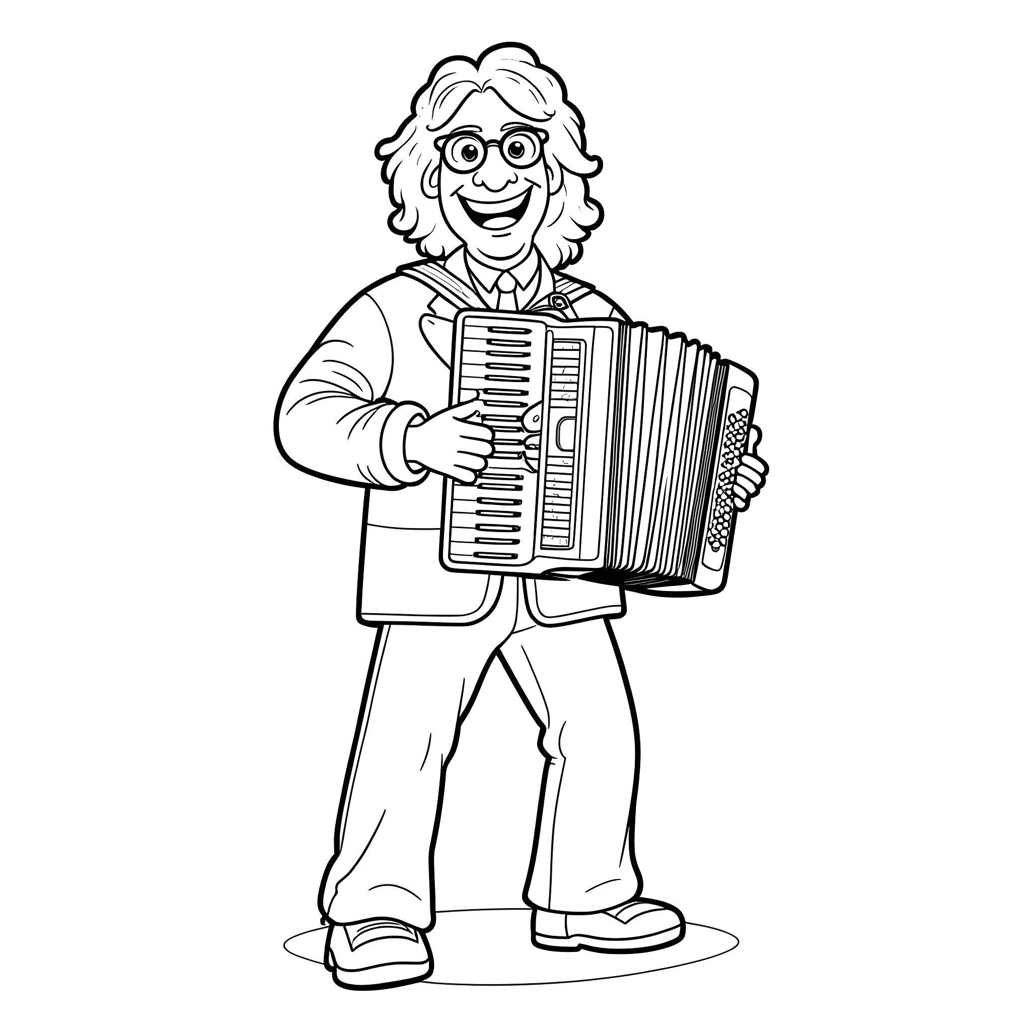 Weird Al Yankovic playing accordion with a smile Coloring Page (free black-and-white line drawing printable PDF for all, from beginners to advanced learners, including children, teens, adults, and seniors)