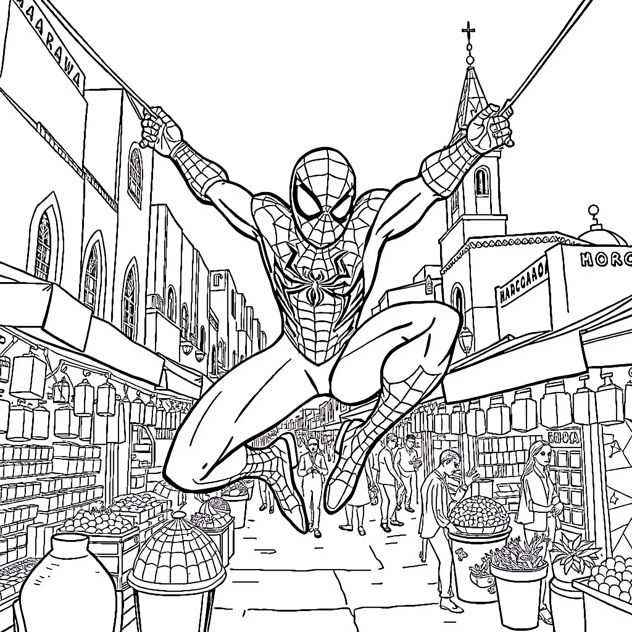 Spiderman swinging through a bustling city street Coloring Page (free black-and-white line drawing printable PDF for all, from beginners to advanced learners, including children, teens, adults, and seniors)