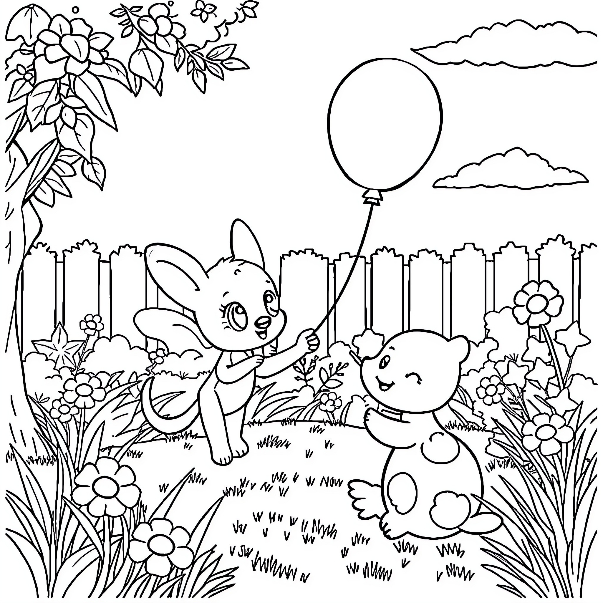 Bluey and friends enjoy a day in the garden Coloring Page (free black-and-white line drawing printable PDF for all, from beginners to advanced learners, including children, teens, adults, and seniors)