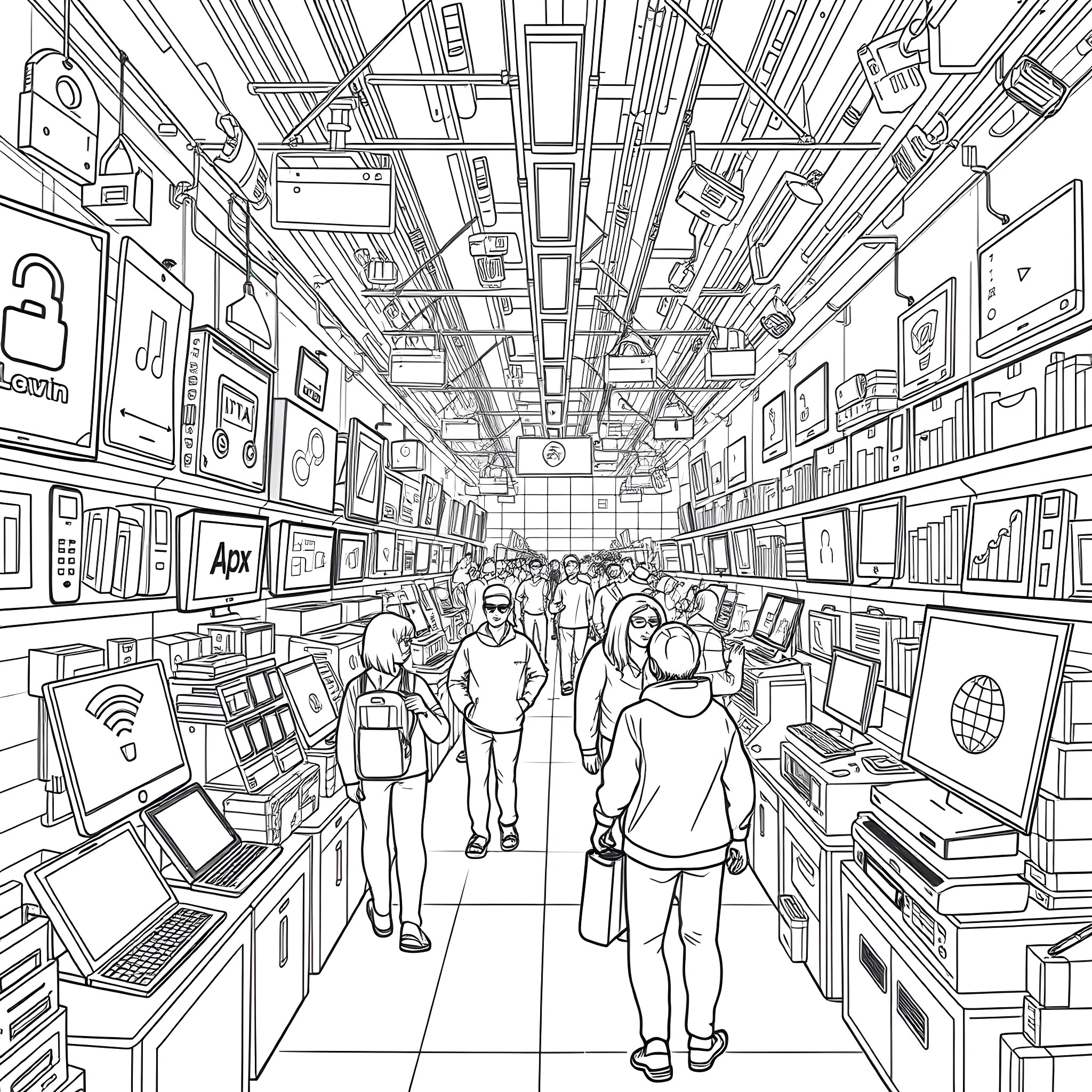 Download People shopping in electronic store aisles Coloring Page (free black-and-white line drawing printable PDF for all, from beginners to advanced learners, including children, teens, adults, and seniors)