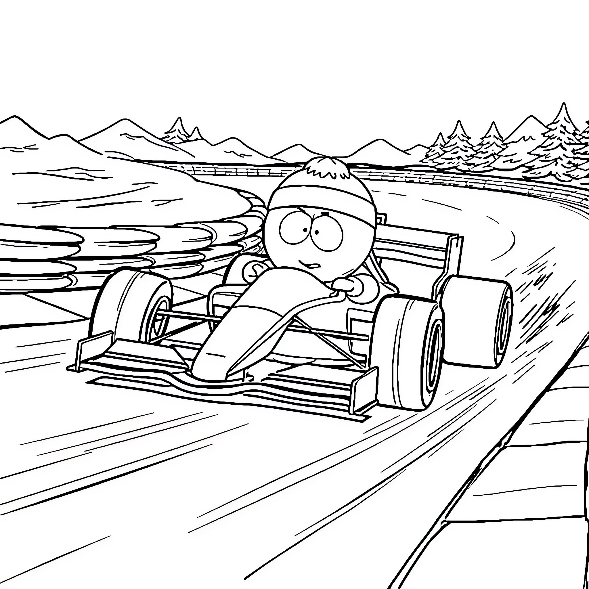 Cartman racing his Formula One car through the mountains Coloring Page (free black-and-white line drawing printable PDF for all, from beginners to advanced learners, including children, teens, adults, and seniors)