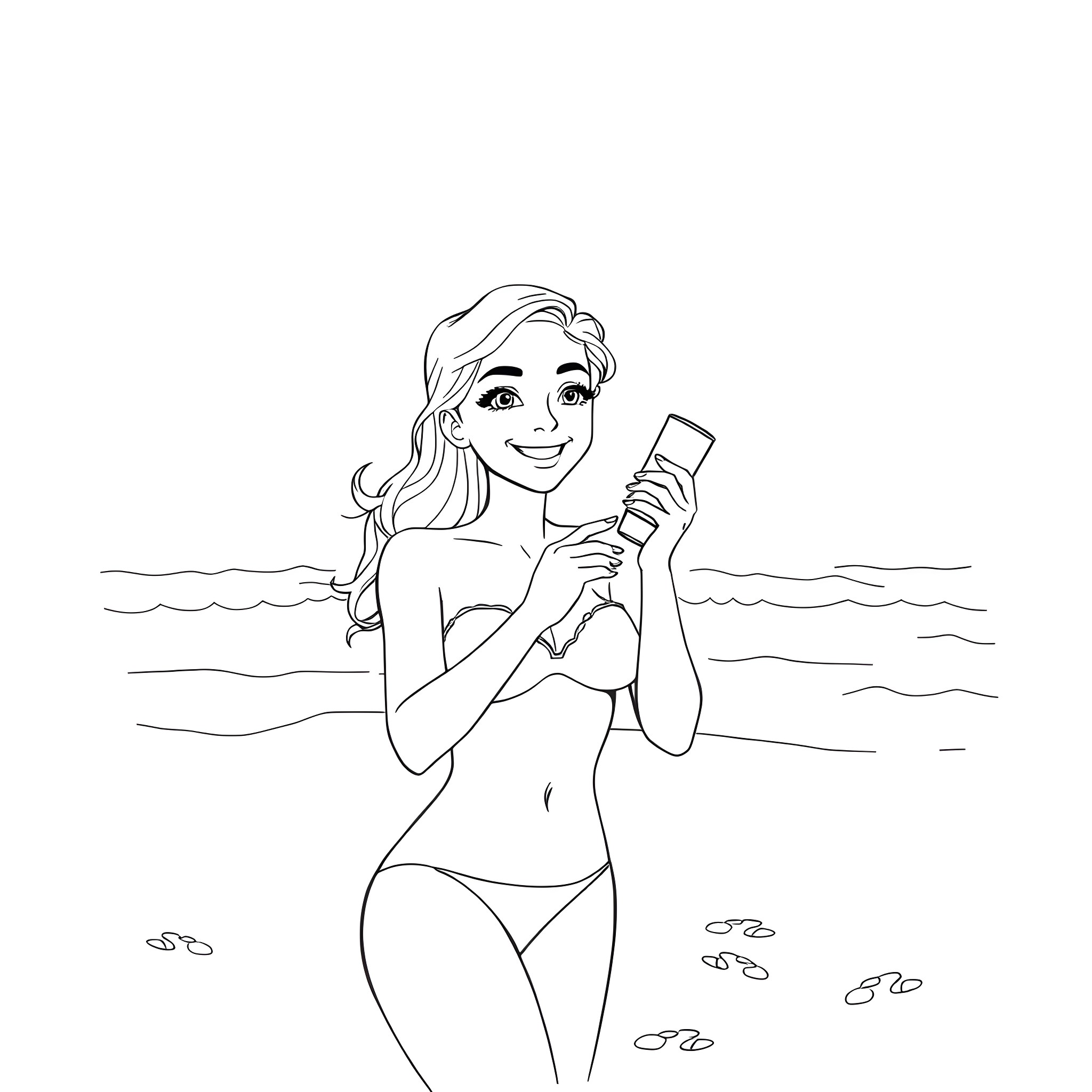 Girl Taking Selfie at the Beach Coloring Page (free black-and-white line drawing printable PDF for all, from beginners to advanced learners, including children, teens, adults, and seniors)