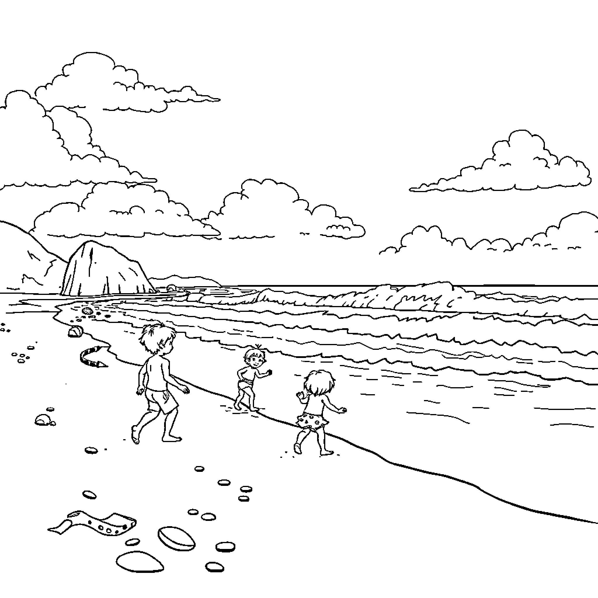 Teenieping children playing on the beach Coloring Page (free black-and-white line drawing printable PDF for all, from beginners to advanced learners, including children, teens, adults, and seniors)