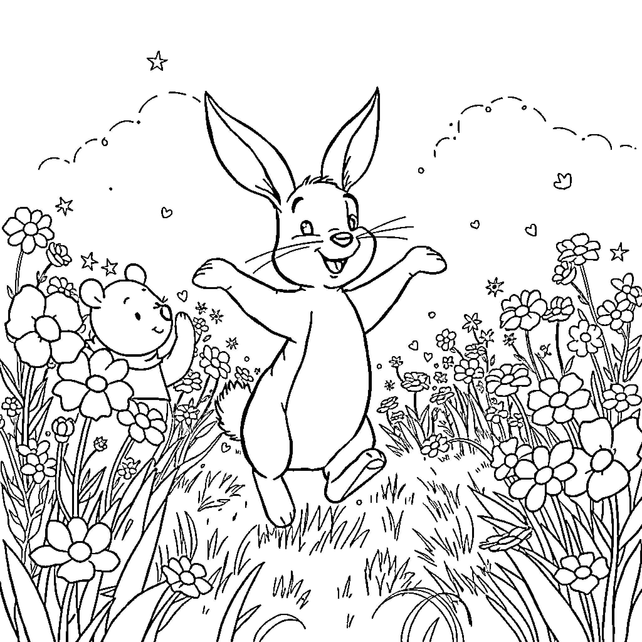 Hare happily frolicking in a flower-filled meadow Coloring Page (free black-and-white line drawing printable PDF for all, from beginners to advanced learners, including children, teens, adults, and seniors)