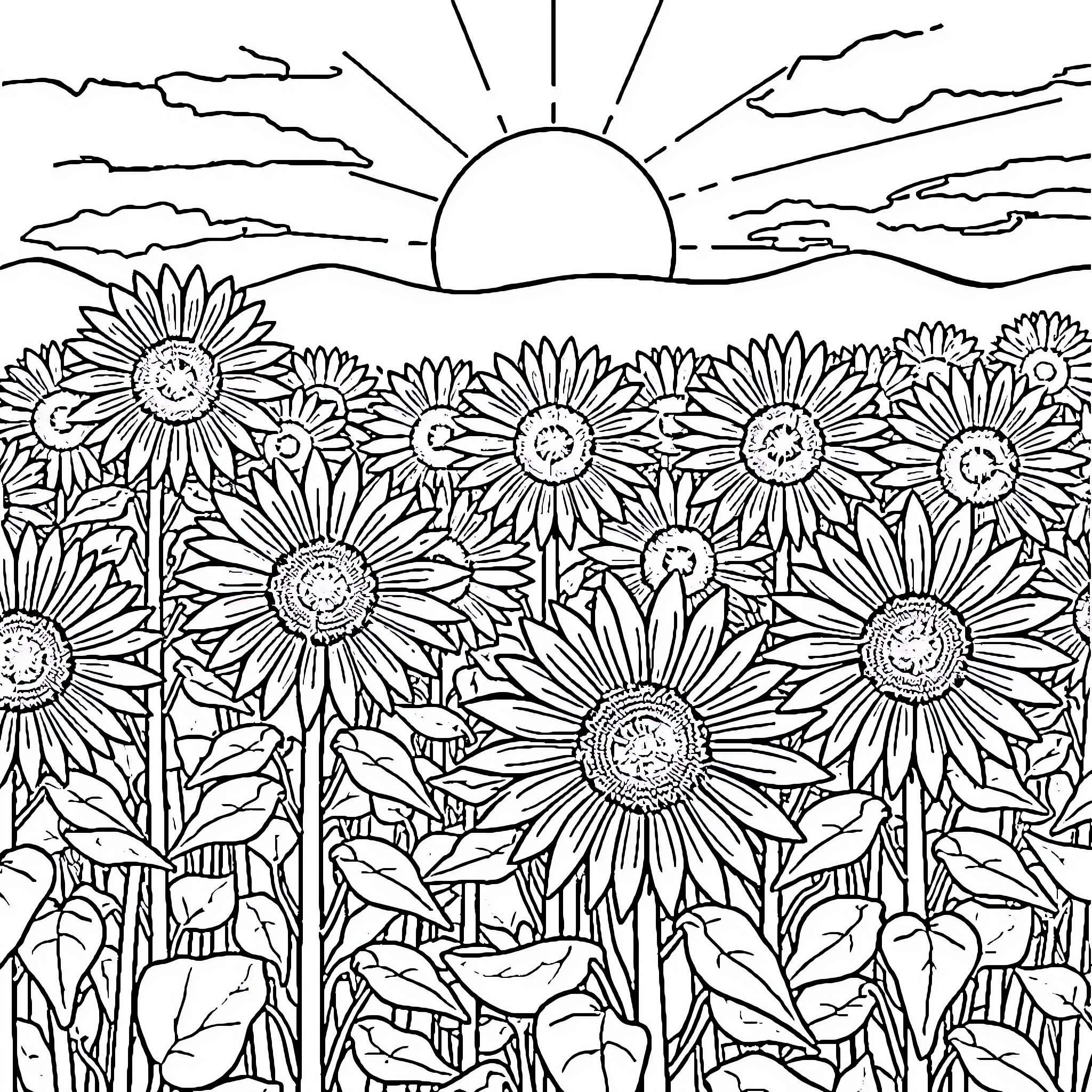 Sunflower field under a radiant sun Coloring Page (free black-and-white line drawing printable PDF for all, from beginners to advanced learners, including children, teens, adults, and seniors)