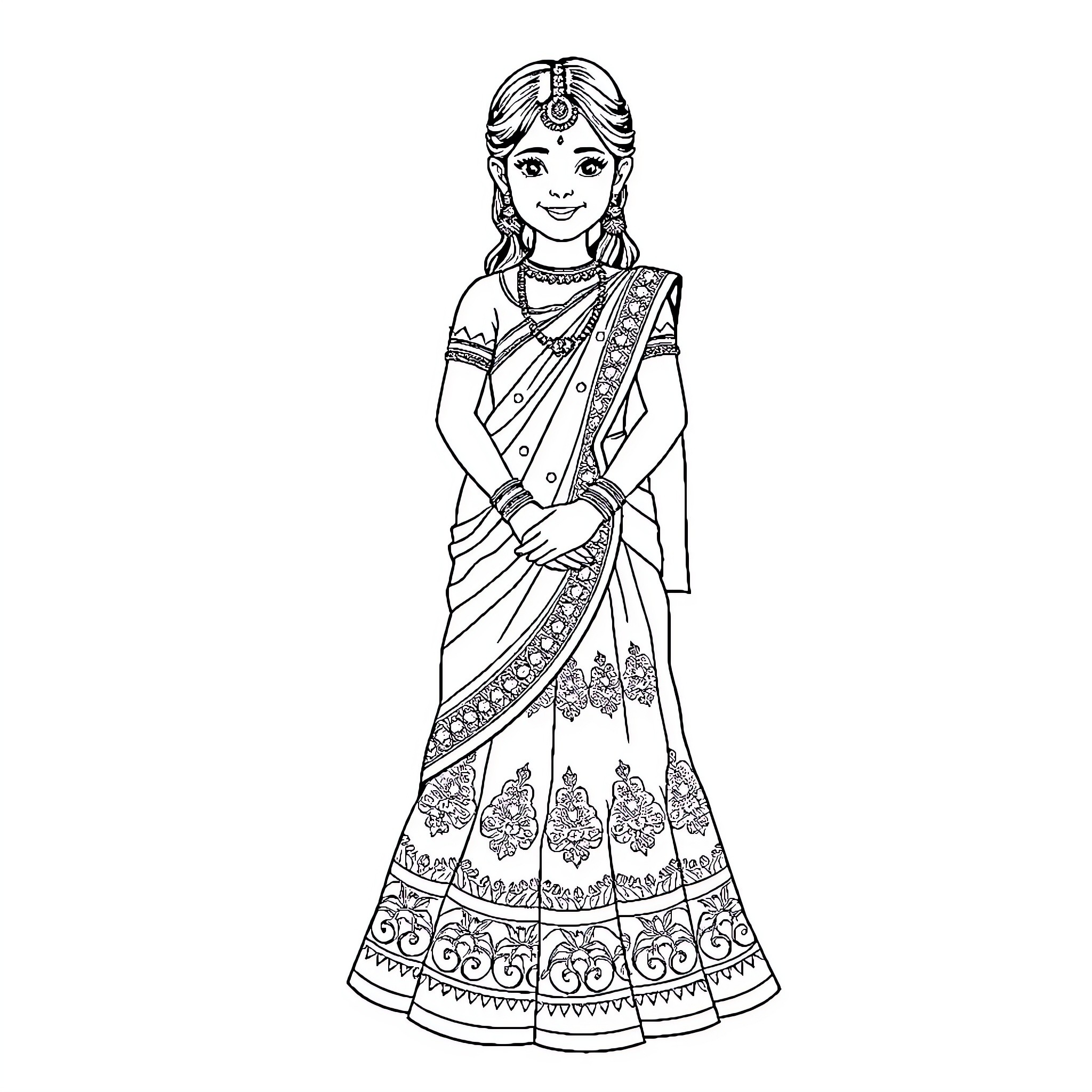 Girl in traditional Indian dress with ornate patterns Coloring Page (free black-and-white line drawing printable PDF for all, from beginners to advanced learners, including children, teens, adults, and seniors)