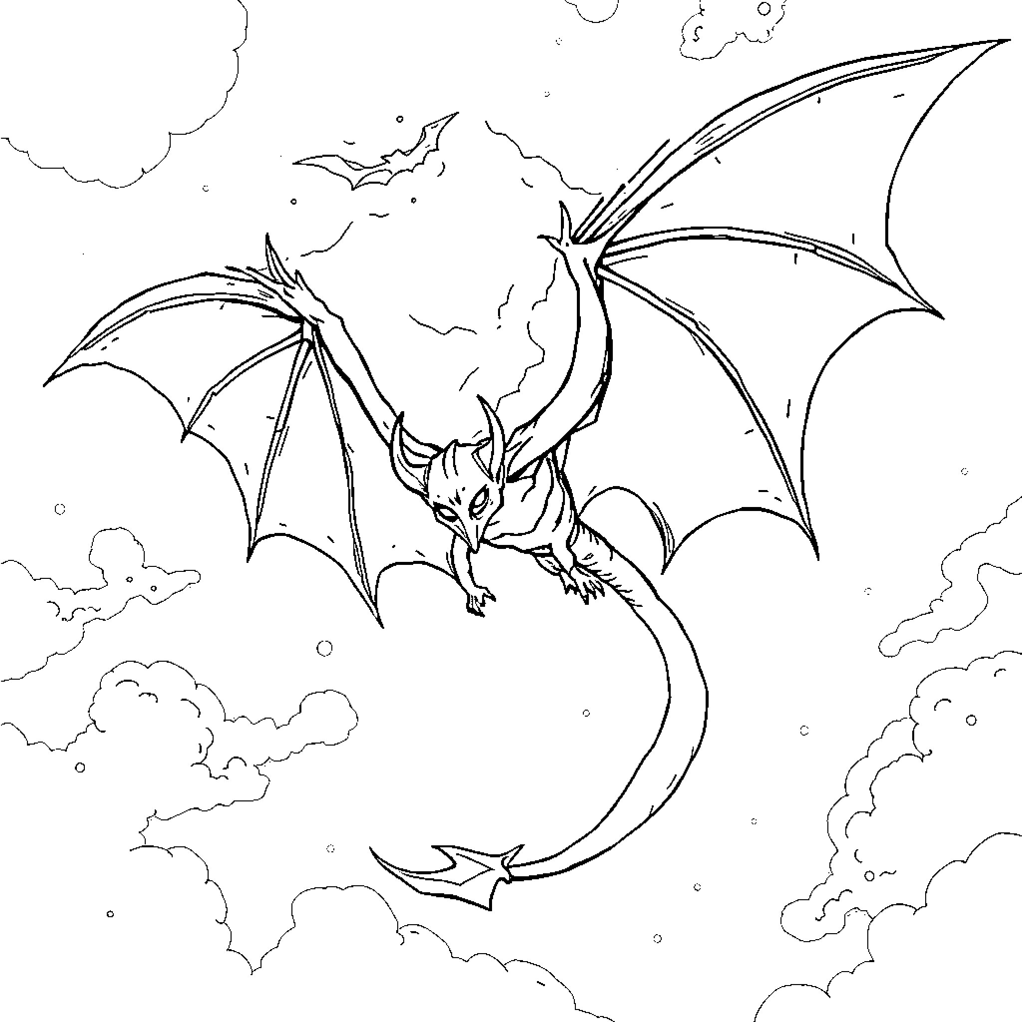 Demon Dragon Soaring through Cloudy Skies Coloring Page (free black-and-white line drawing printable PDF for all, from beginners to advanced learners, including children, teens, adults, and seniors)