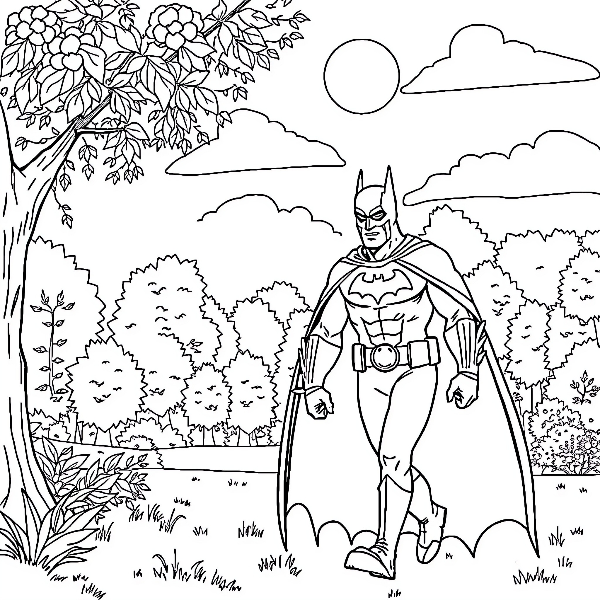 Batman in an adventurous outdoor setting Coloring Page (free black-and-white line drawing printable PDF for all, from beginners to advanced learners, including children, teens, adults, and seniors)