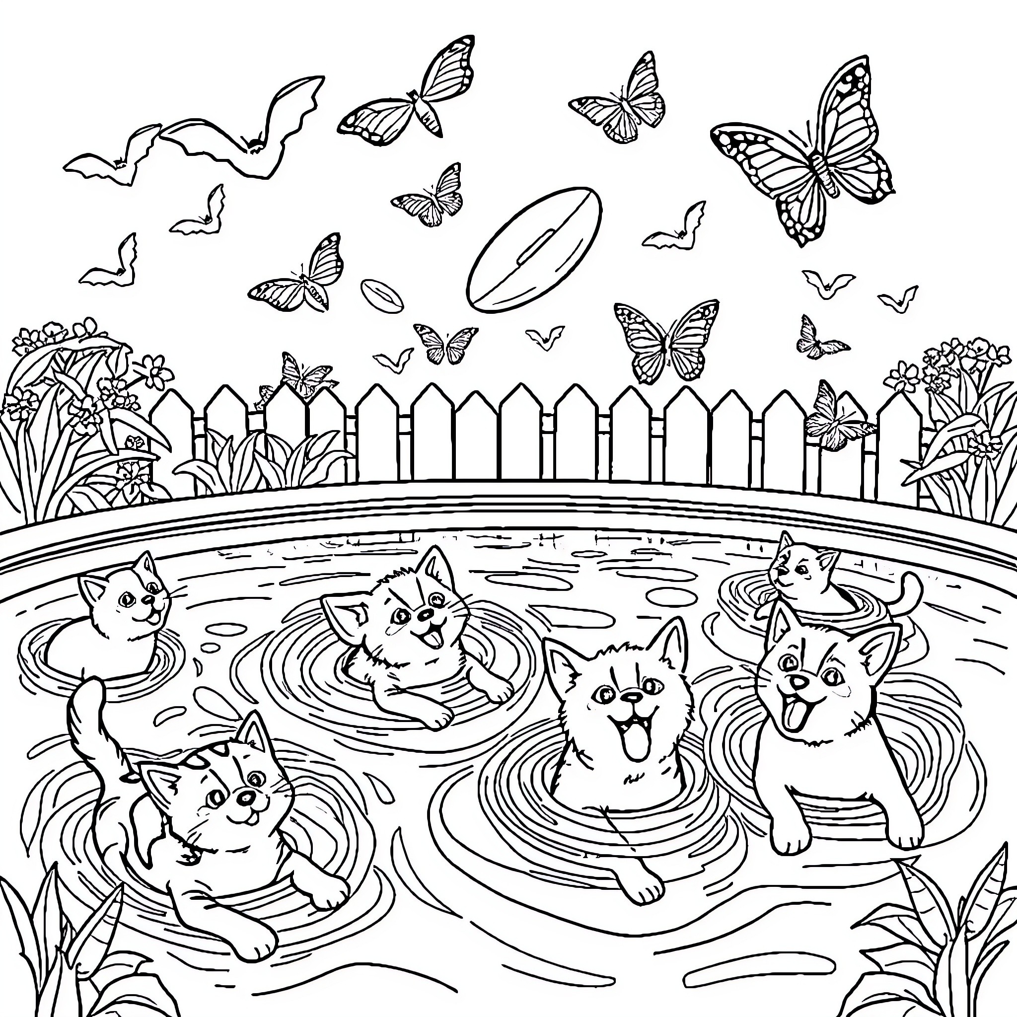 Cats playing joyfully in a garden pool with butterflies Coloring Page (free black-and-white line drawing printable PDF for all, from beginners to advanced learners, including children, teens, adults, and seniors)