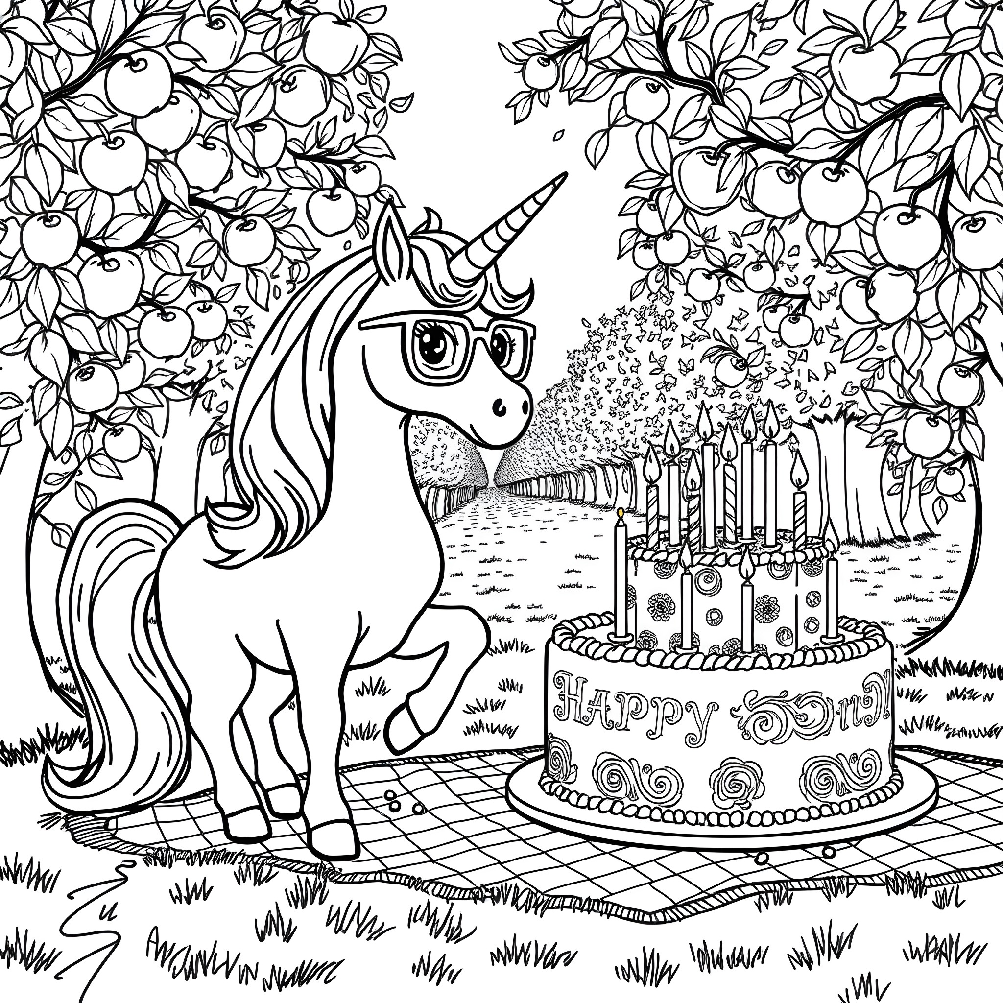 Unicorn Celebrates Happy Birthday in Enchanted Garden Coloring Page (free black-and-white line drawing printable PDF for all, from beginners to advanced learners, including children, teens, adults, and seniors)