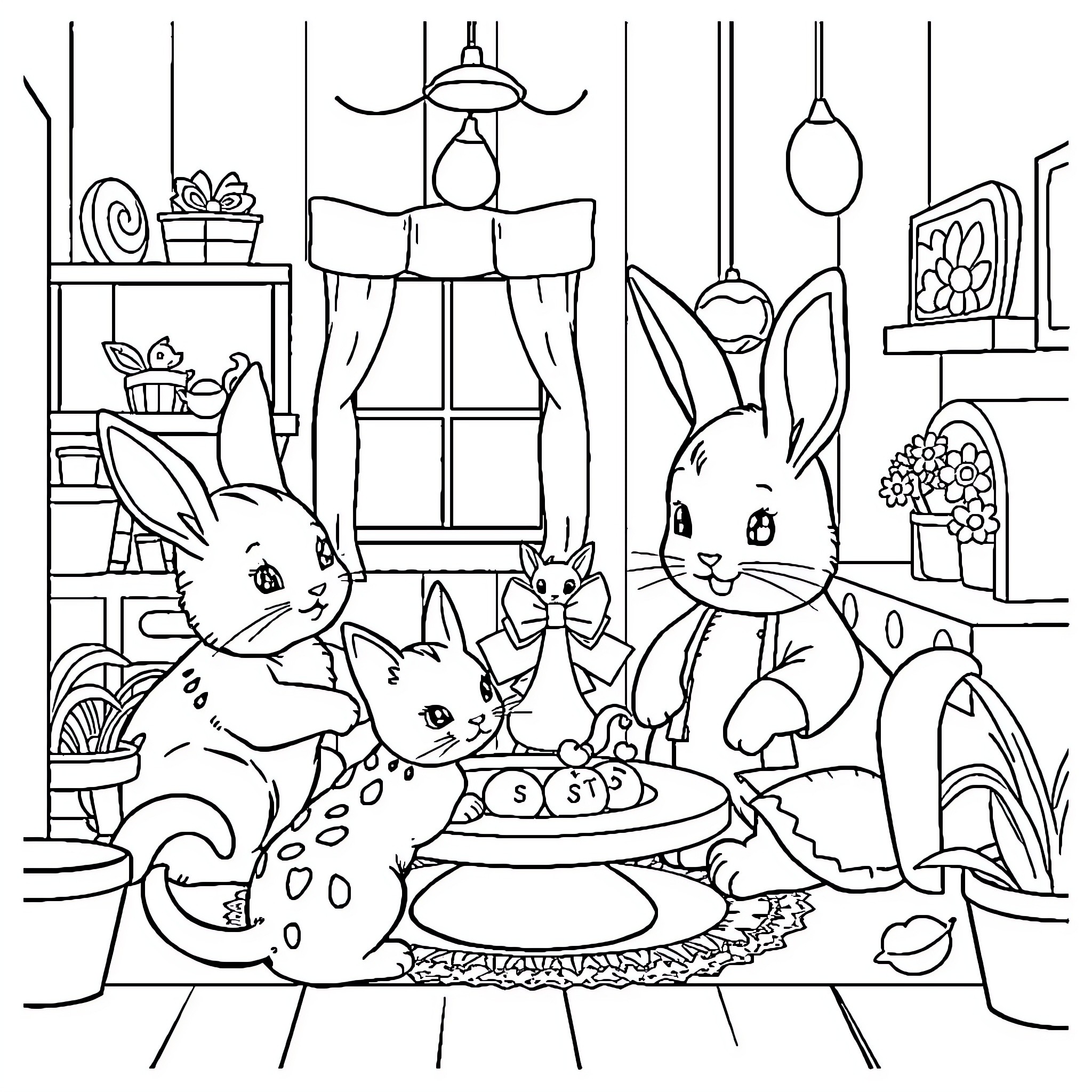 Cat family's cozy home with decorations Coloring Page (free black-and-white line drawing printable PDF for all, from beginners to advanced learners, including children, teens, adults, and seniors)