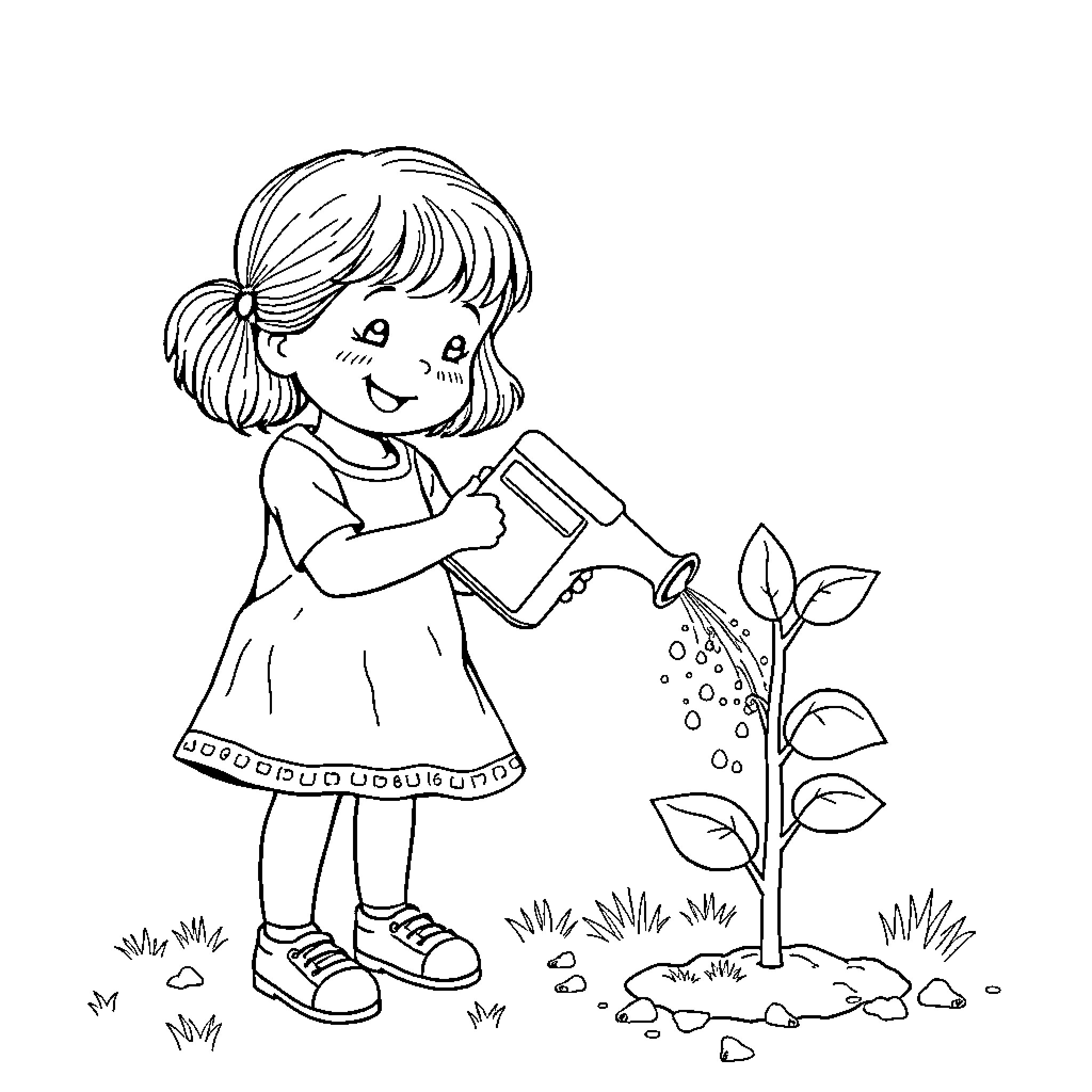 Girl watering a plant with care and attention Coloring Page (free black-and-white line drawing printable PDF for all, from beginners to advanced learners, including children, teens, adults, and seniors)