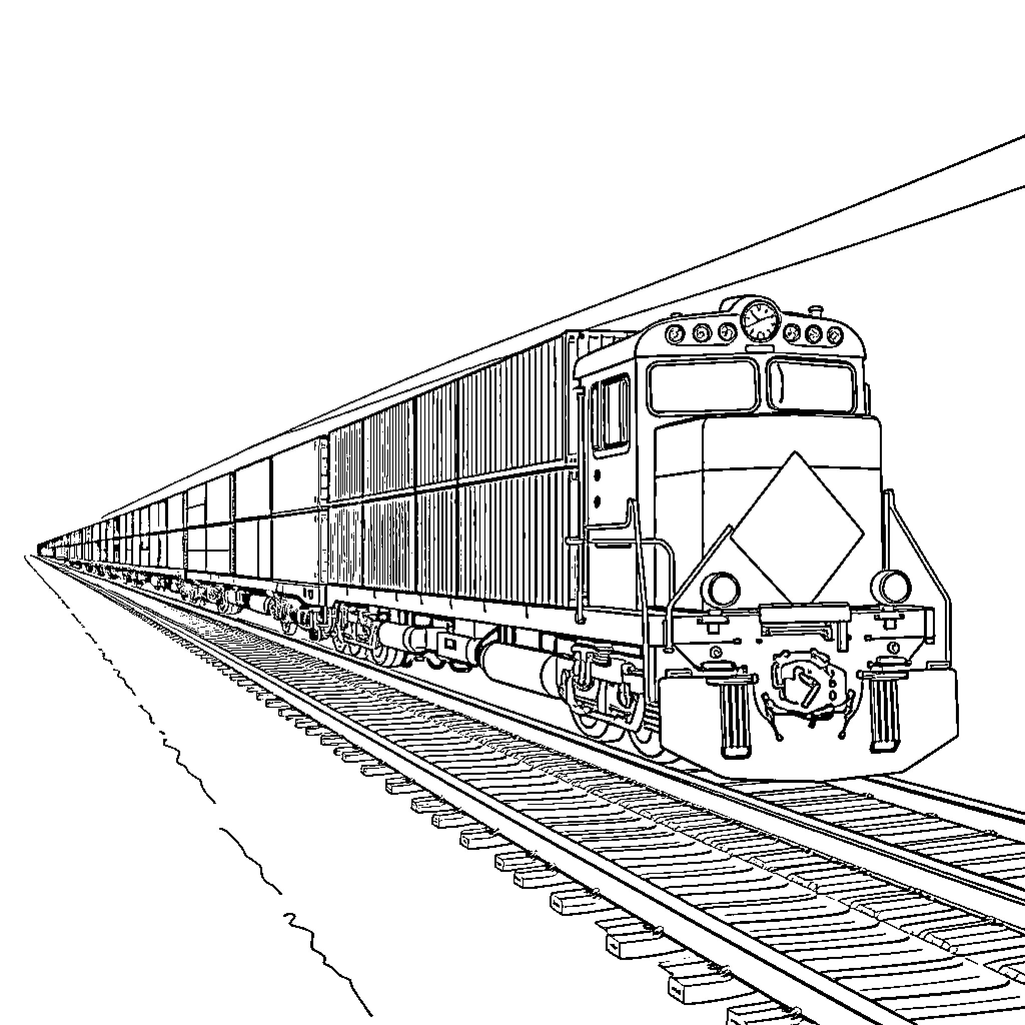 Train transporting freight cars on railway tracks Coloring Page (free black-and-white line drawing printable PDF for all, from beginners to advanced learners, including children, teens, adults, and seniors)