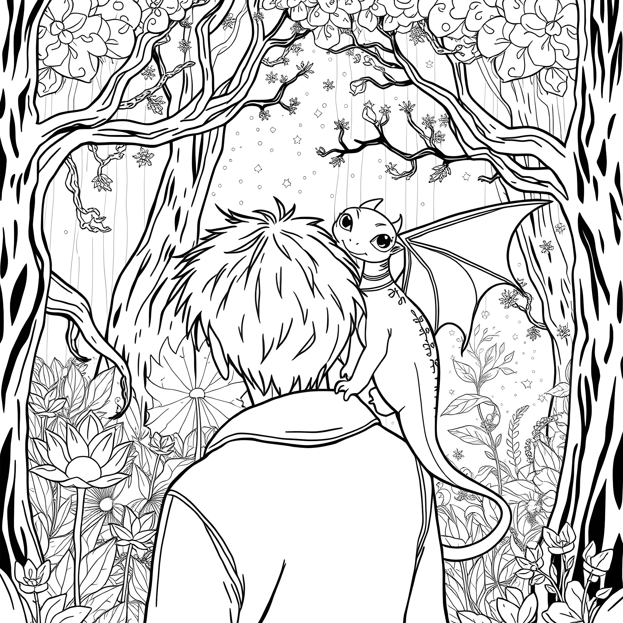Dragon resting in a whimsical floral forest Coloring Page (free black-and-white line drawing printable PDF for all, from beginners to advanced learners, including children, teens, adults, and seniors)