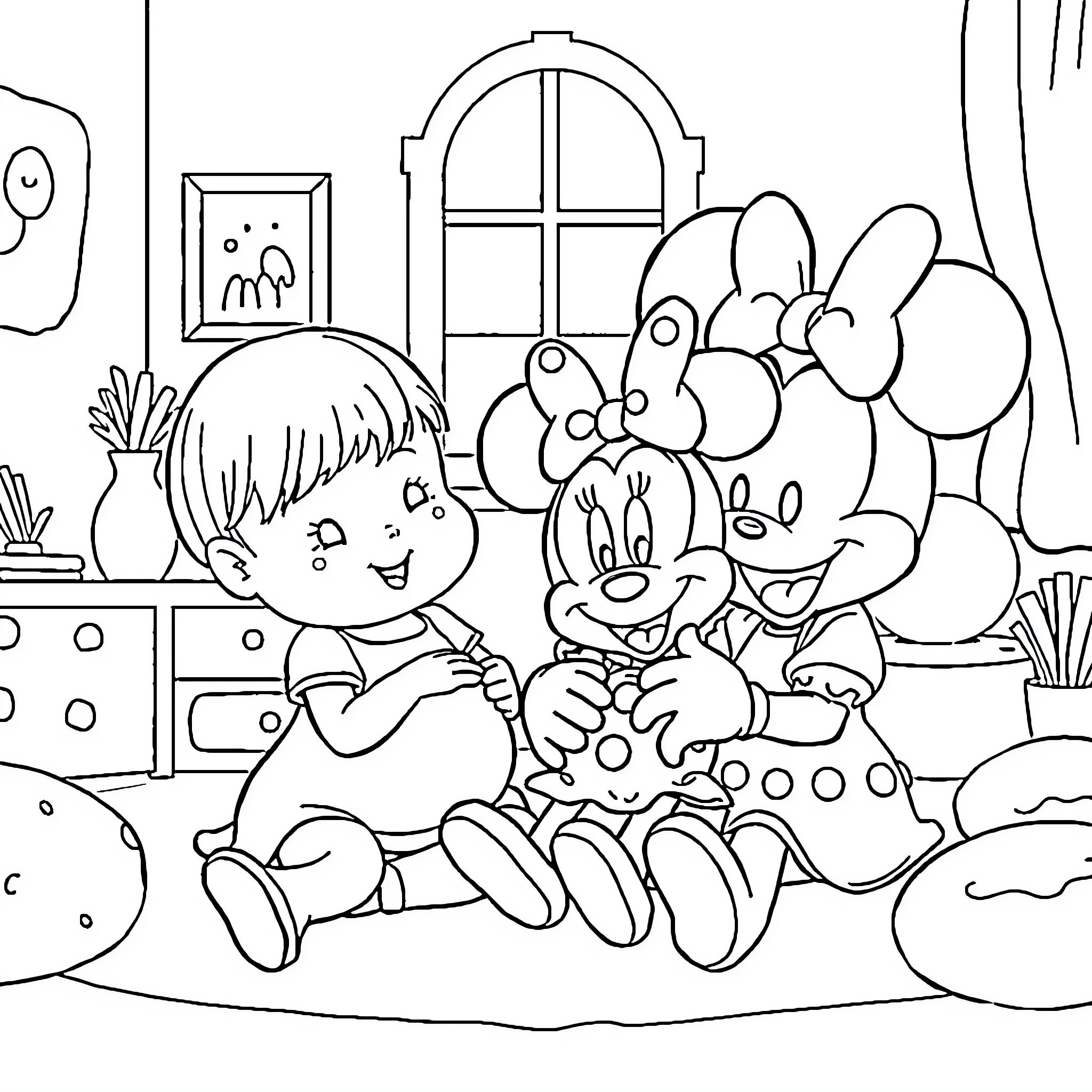 Minnie Mouse and friends in a cozy indoor setting Coloring Page (free black-and-white line drawing printable PDF for all, from beginners to advanced learners, including children, teens, adults, and seniors)