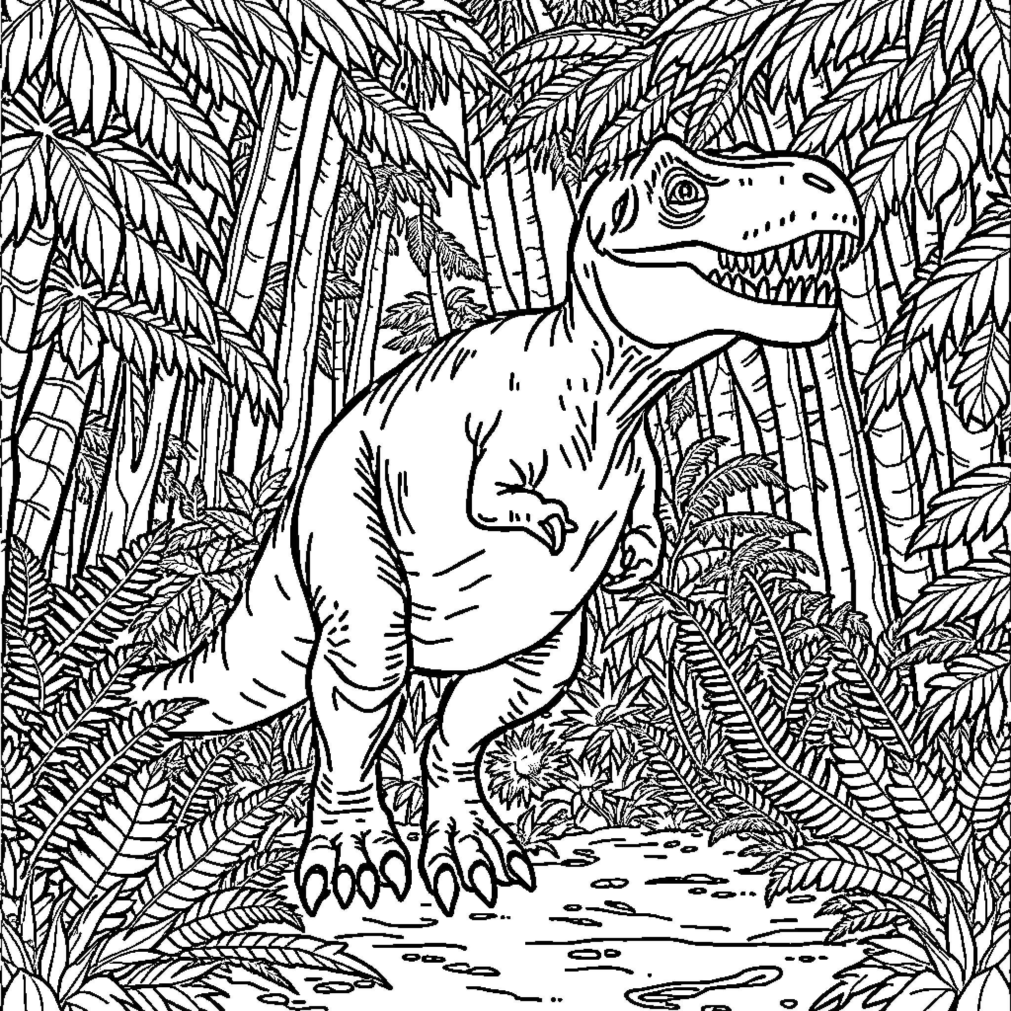 T-Rex Exploring the Lush Jungle Coloring Page (free black-and-white line drawing printable PDF for all, from beginners to advanced learners, including children, teens, adults, and seniors)