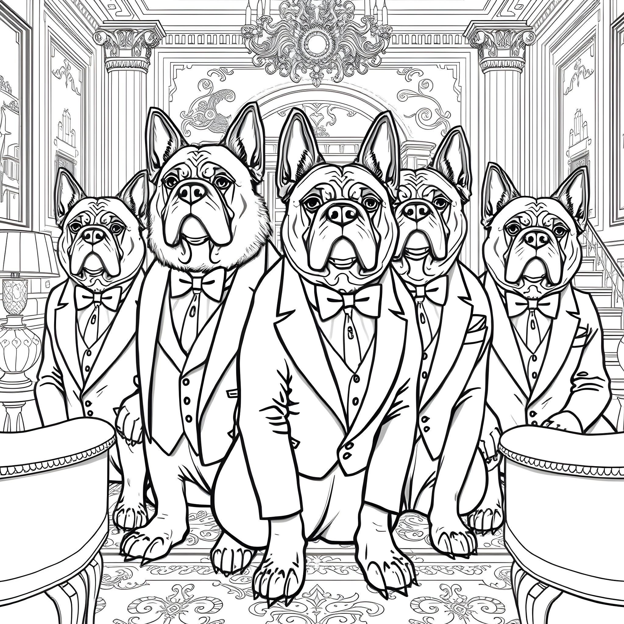 Dogs dressed in formal attire in an ornate setting Coloring Page (free black-and-white line drawing printable PDF for all, from beginners to advanced learners, including children, teens, adults, and seniors)