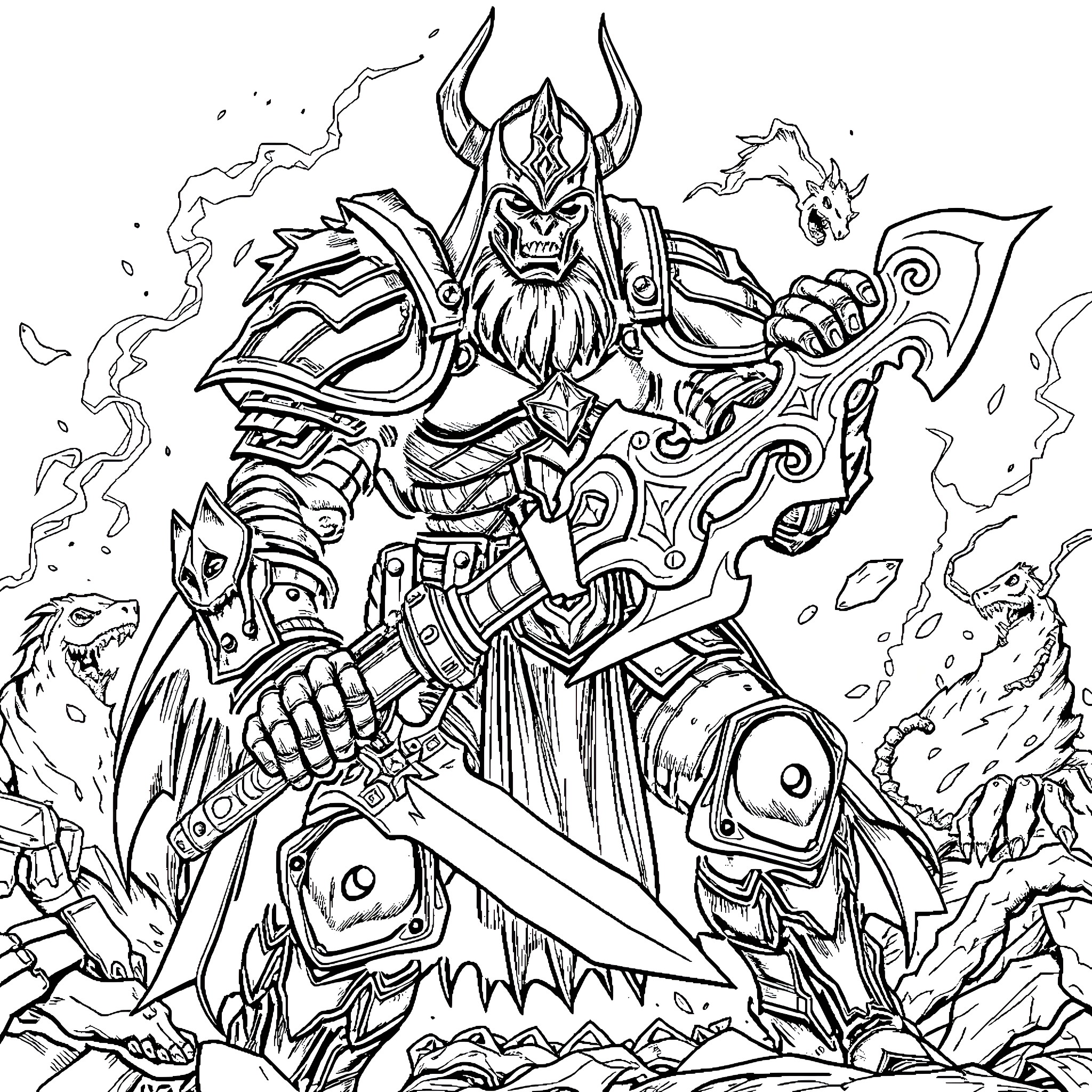 Doom Slayer's Intense Battles in Demonic Realm Coloring Page (free black-and-white line drawing printable PDF for all, from beginners to advanced learners, including children, teens, adults, and seniors)