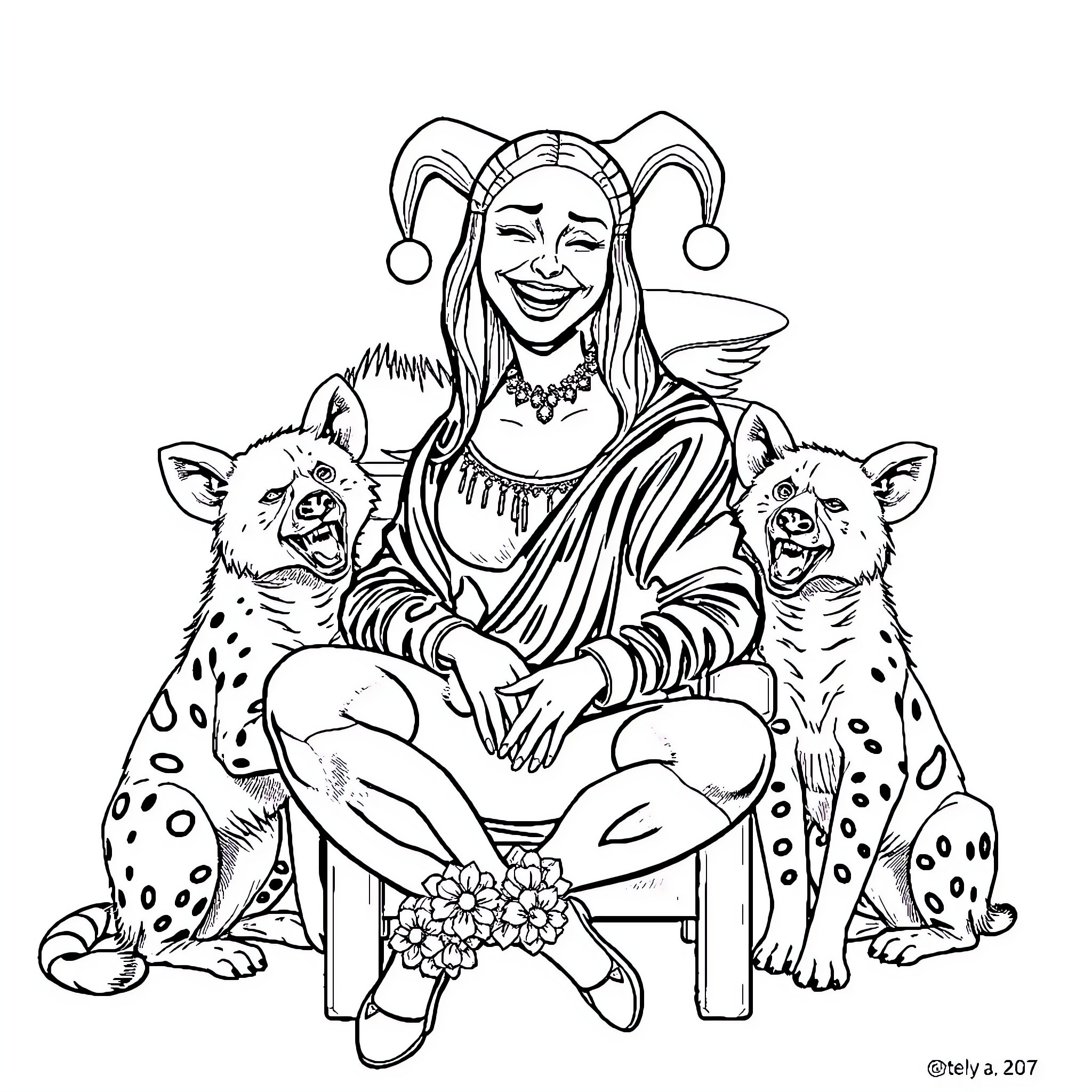 Harley Quinn sitting with playful hyenas Coloring Page (free black-and-white line drawing printable PDF for all, from beginners to advanced learners, including children, teens, adults, and seniors)