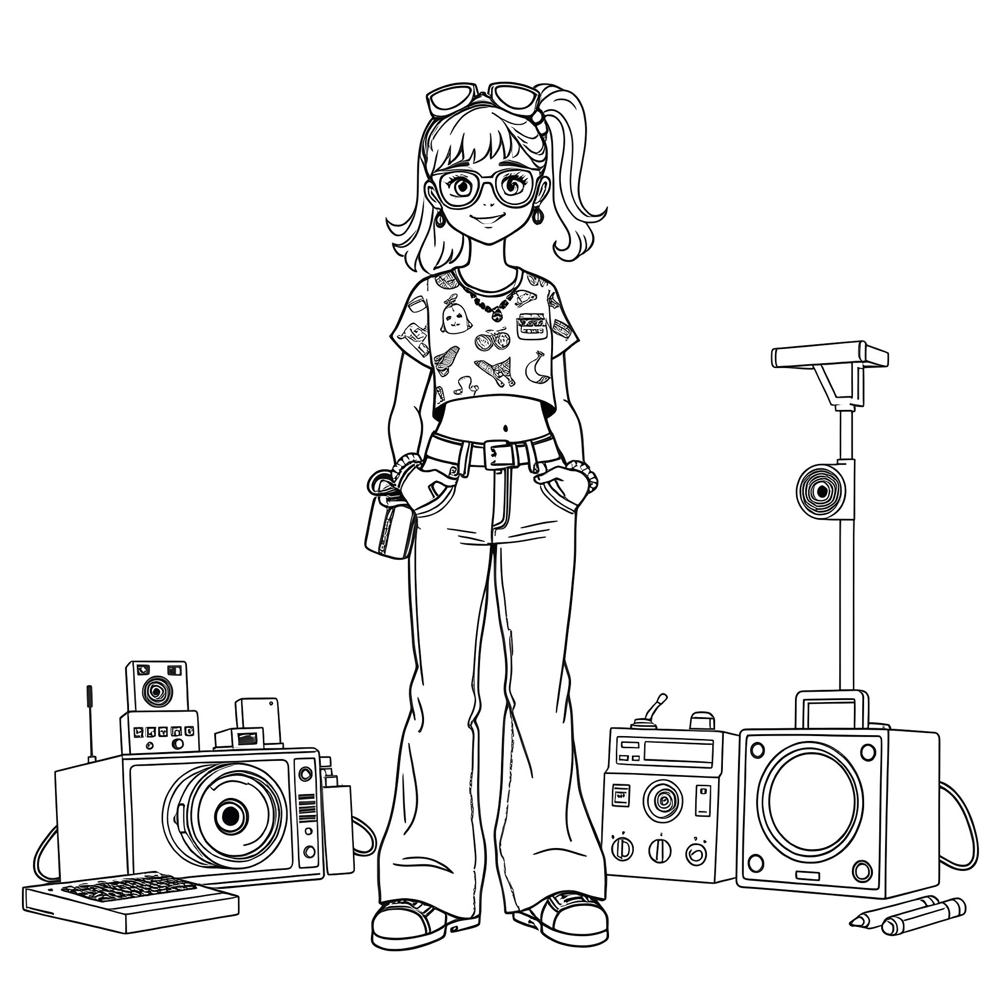 Y2K Girl Capturing Memories with Retro Camera Coloring Page (free black-and-white line drawing printable PDF for all, from beginners to advanced learners, including children, teens, adults, and seniors)