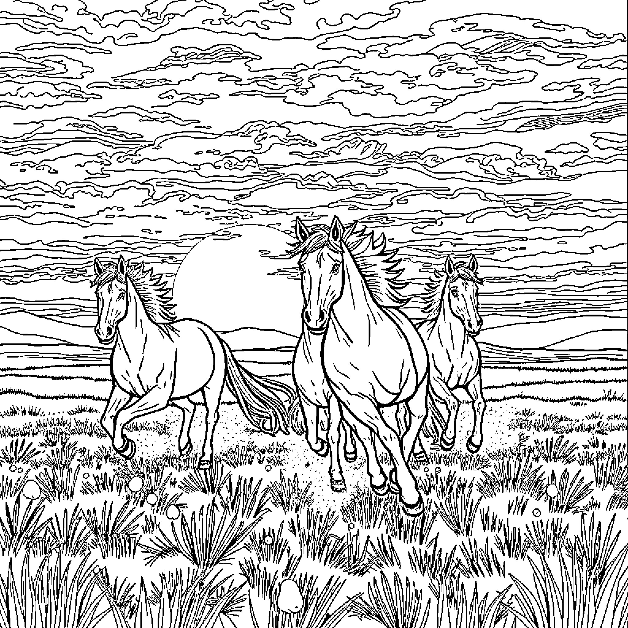 Horses Running Freely Across the Grassland Coloring Page (free black-and-white line drawing printable PDF for all, from beginners to advanced learners, including children, teens, adults, and seniors)