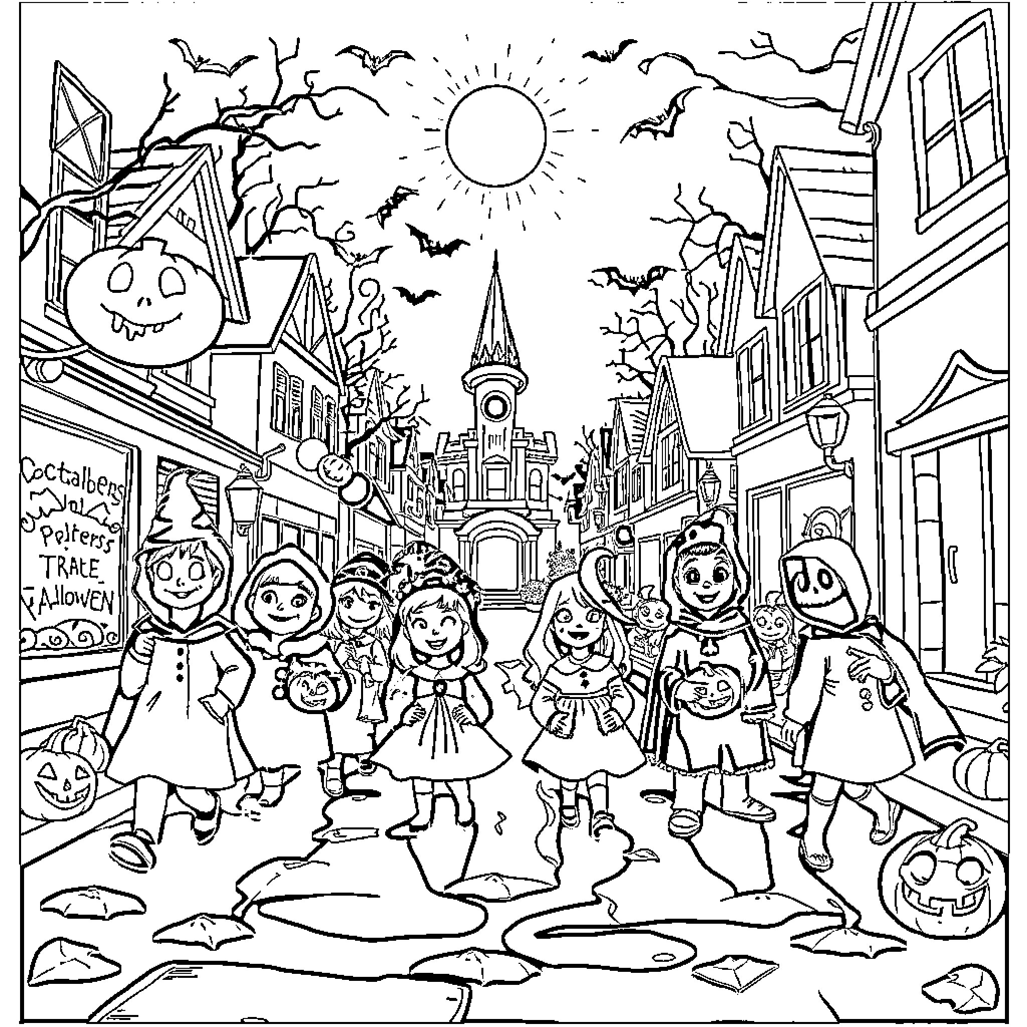 Halloween Celebration in a Festive Town Coloring Page (free black-and-white line drawing printable PDF for all, from beginners to advanced learners, including children, teens, adults, and seniors)
