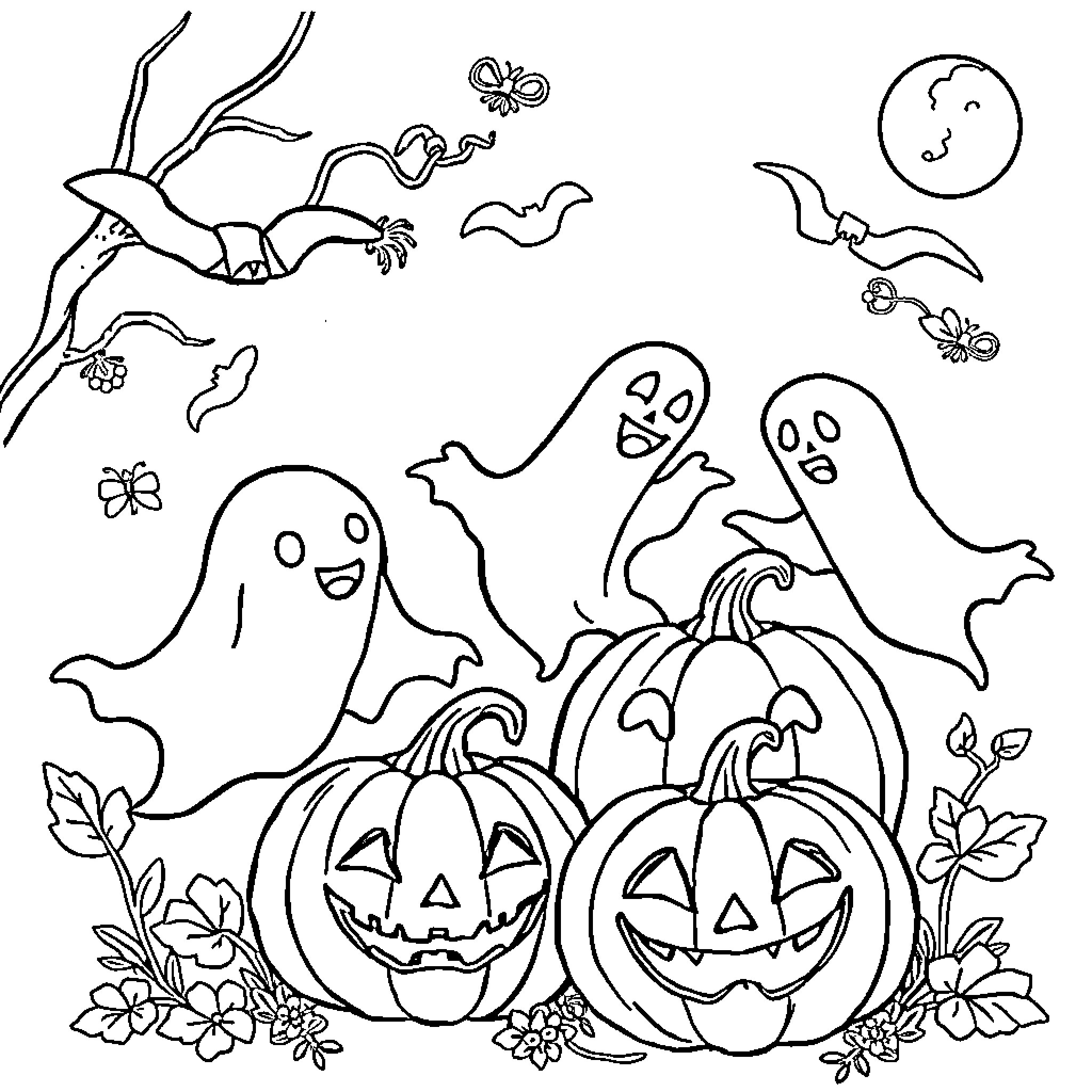 Halloween Stitch with Playful Ghosts and Pumpkins Coloring Page (free black-and-white line drawing printable PDF for all, from beginners to advanced learners, including children, teens, adults, and seniors)