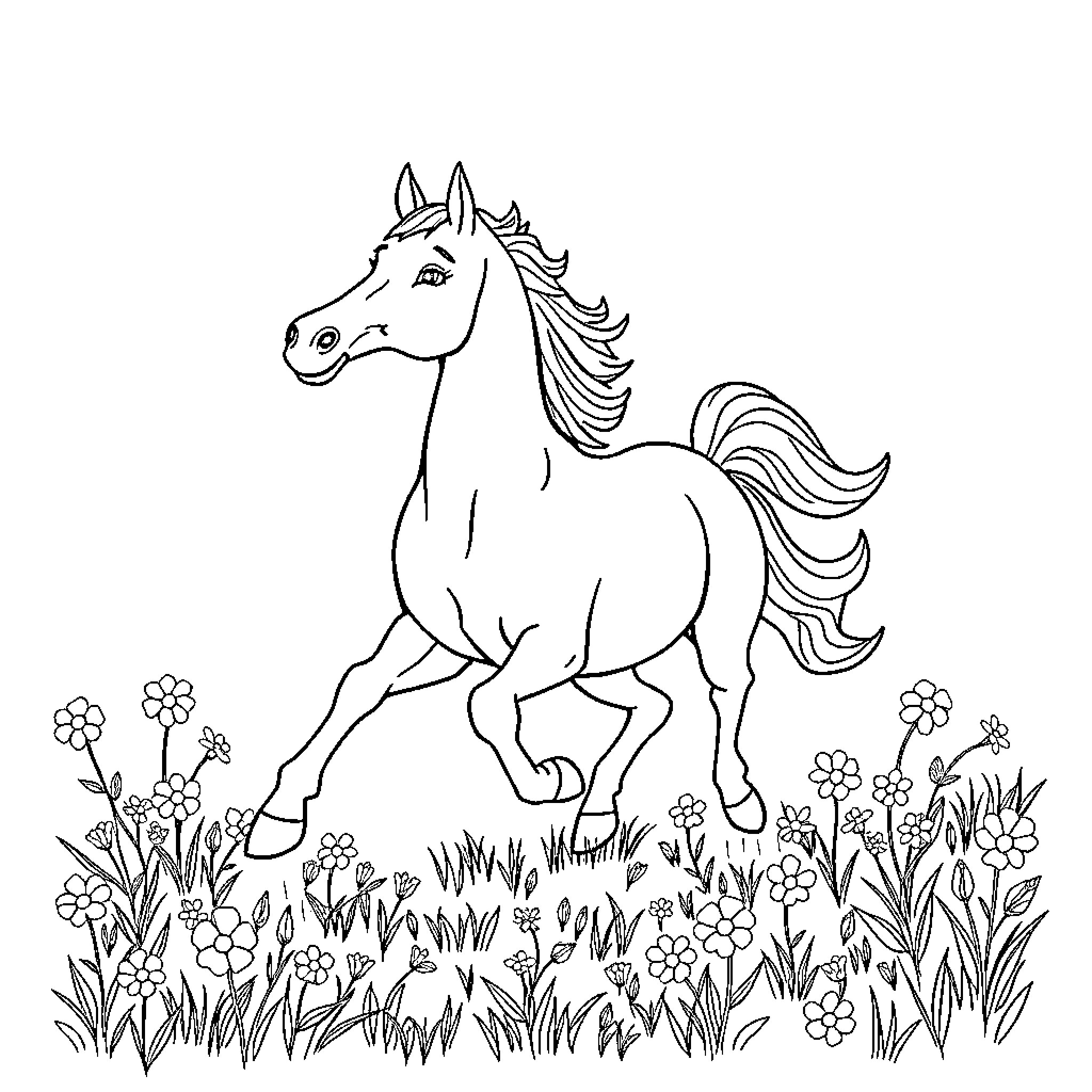 Horse galloping through a field of flowers Coloring Page (free black-and-white line drawing printable PDF for all, from beginners to advanced learners, including children, teens, adults, and seniors)