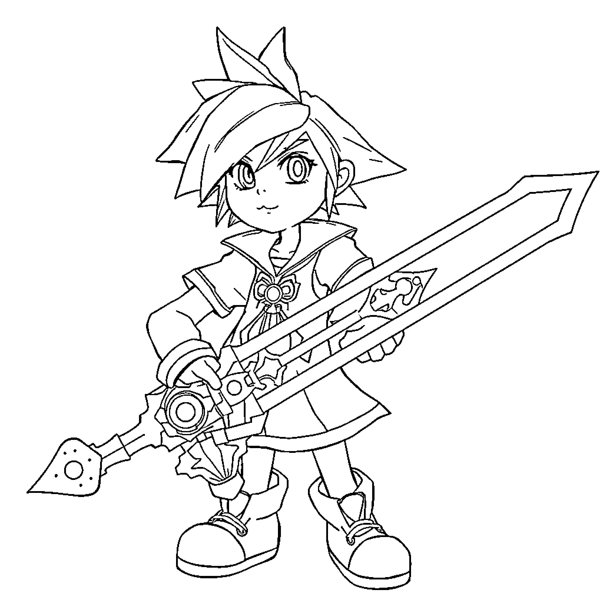 Keyblade Wielder Holding Intricate Weapon Coloring Page (free black-and-white line drawing printable PDF for all, from beginners to advanced learners, including children, teens, adults, and seniors)