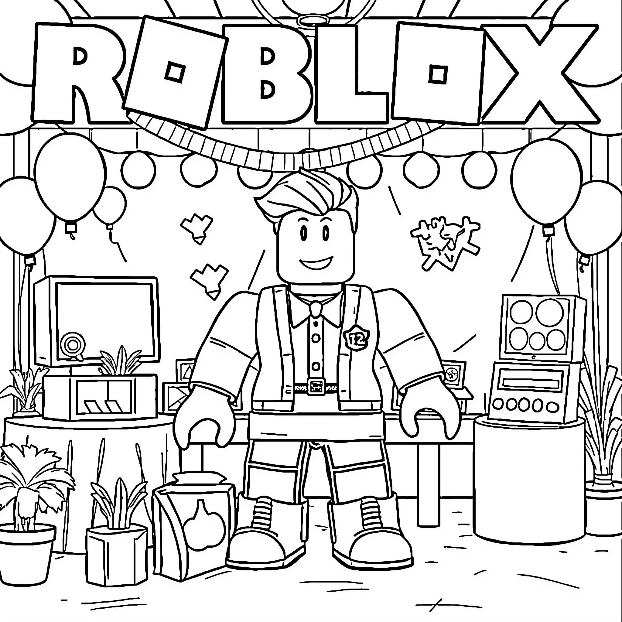 Roblox Character in Festive Celebration Coloring Page (free black-and-white line drawing printable PDF for all, from beginners to advanced learners, including children, teens, adults, and seniors)