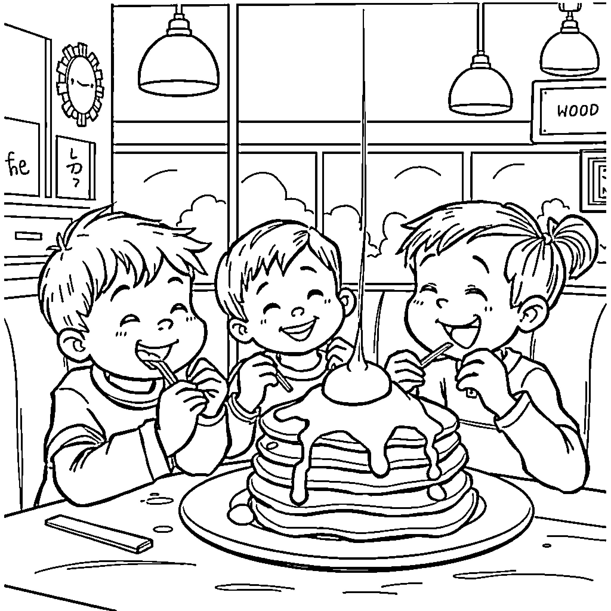 Kid enjoying pancakes with friends in a cozy diner Coloring Page (free black-and-white line drawing printable PDF for all, from beginners to advanced learners, including children, teens, adults, and seniors)