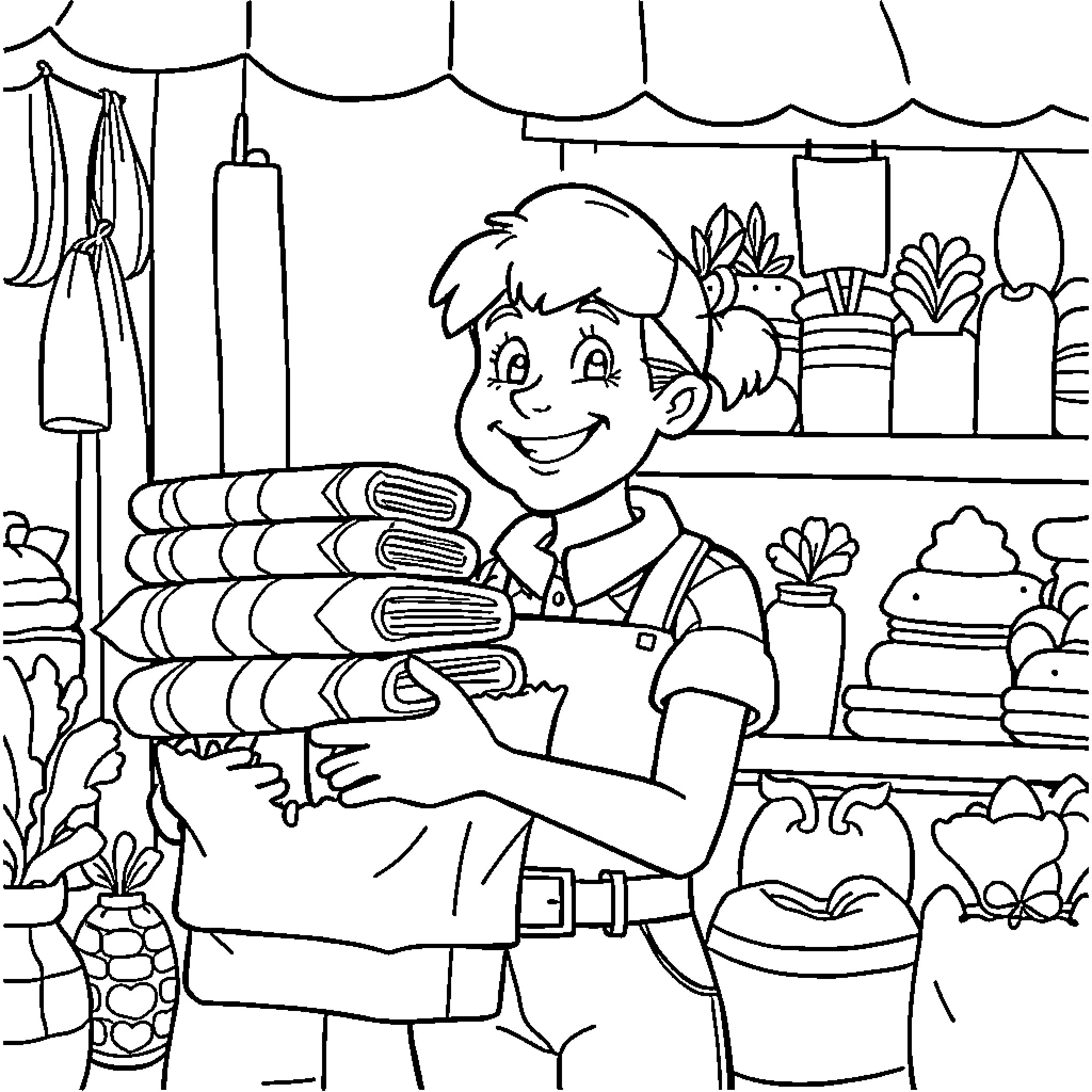 Bobbie Good at the Flower Shop Coloring Page (free black-and-white line drawing printable PDF for all, from beginners to advanced learners, including children, teens, adults, and seniors)