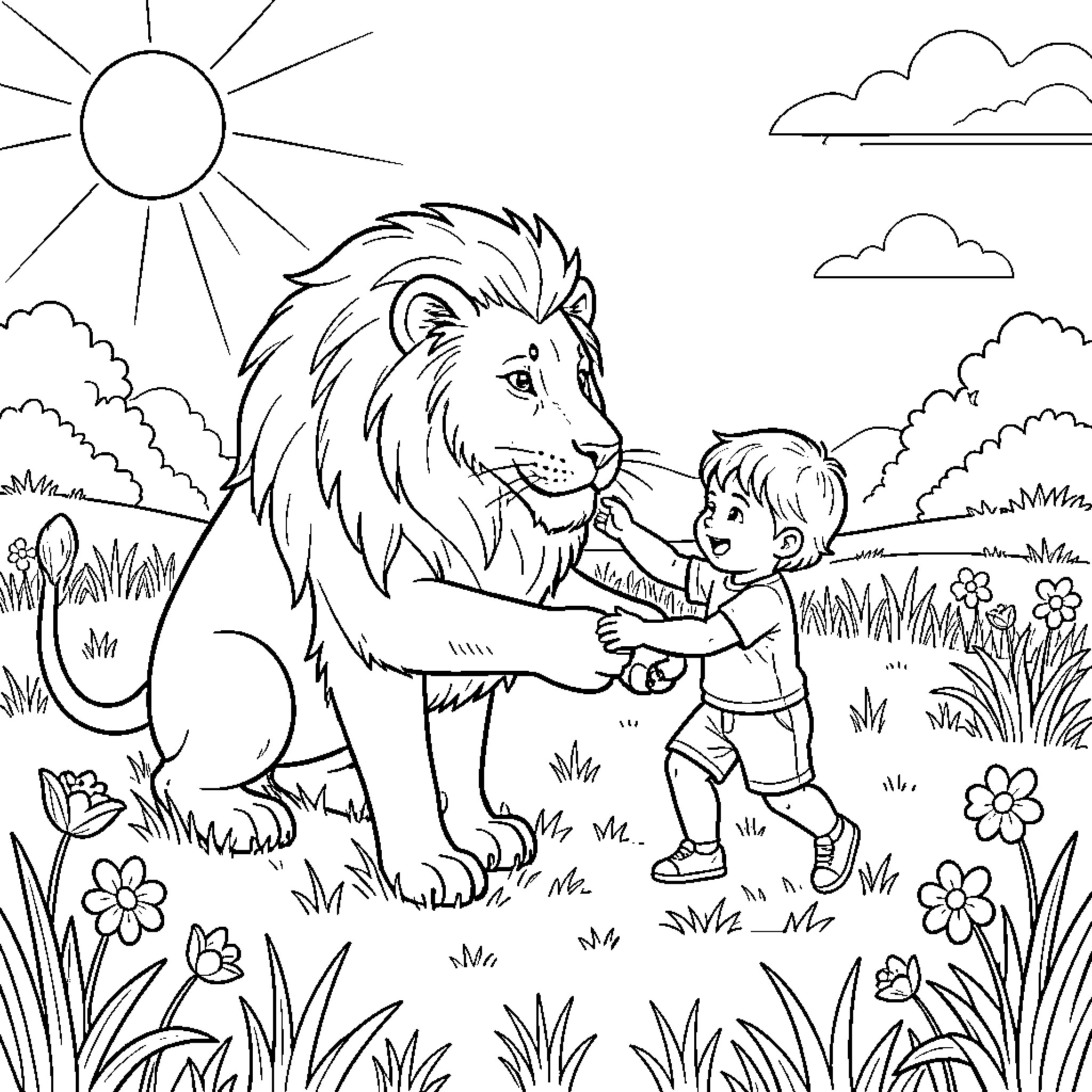 Lion and a young boy interacting in a field Coloring Page (free black-and-white line drawing printable PDF for all, from beginners to advanced learners, including children, teens, adults, and seniors)
