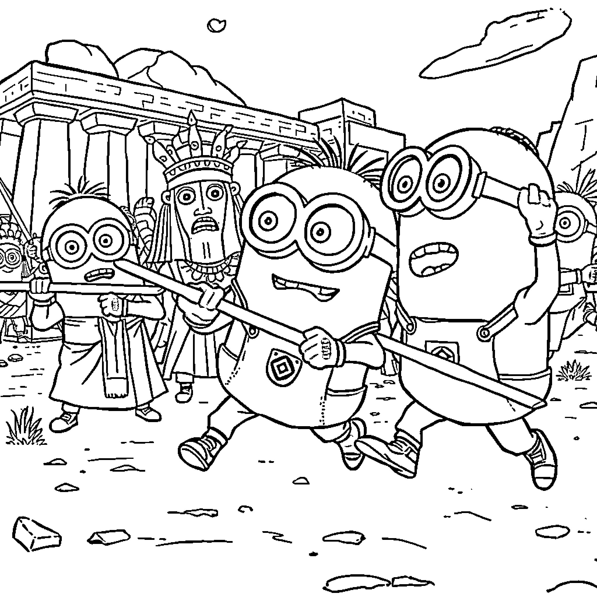 Minions on an Ancient Adventure Coloring Page (free black-and-white line drawing printable PDF for all, from beginners to advanced learners, including children, teens, adults, and seniors)