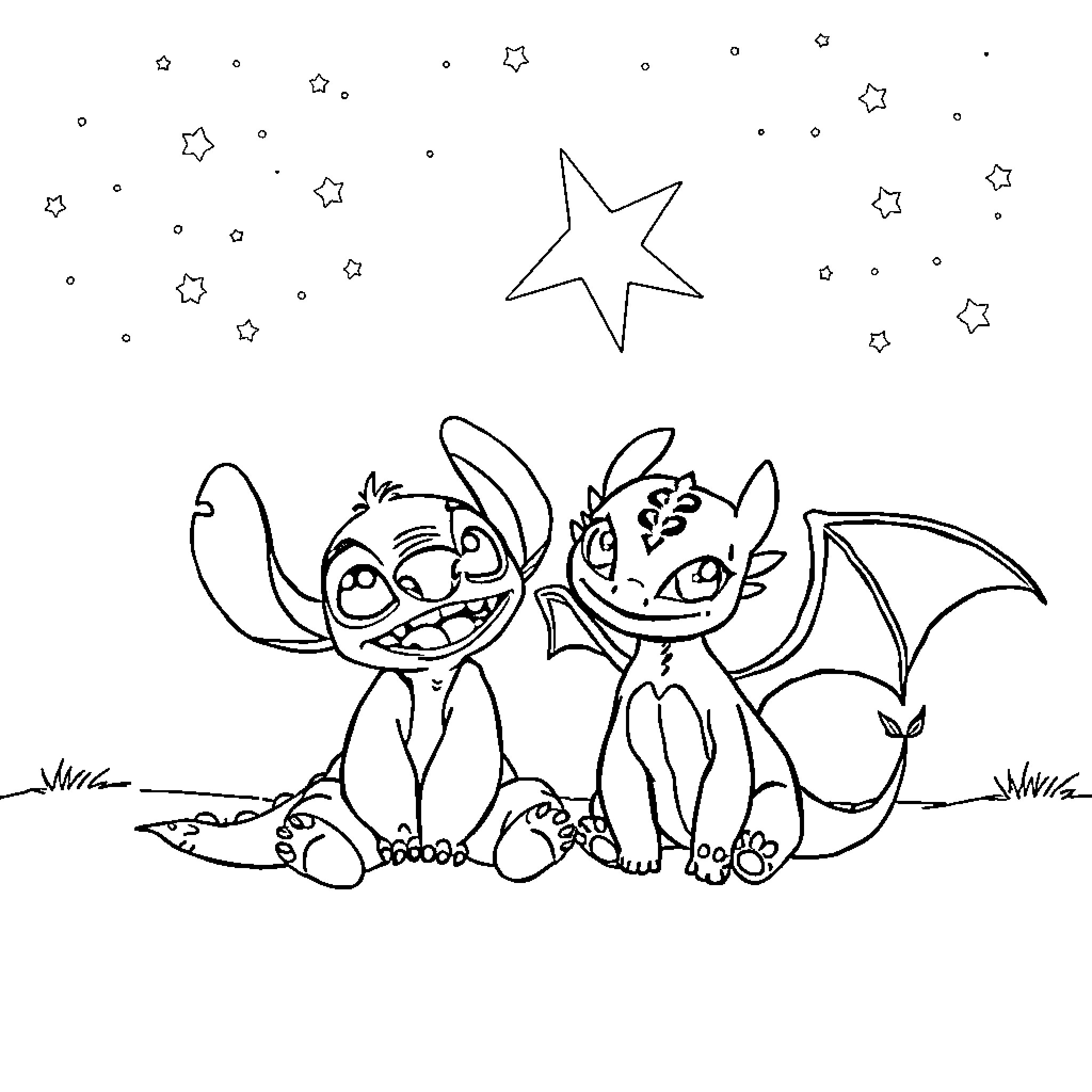 Stitch and Bat Friend Under Starry Sky Coloring Page (free black-and-white line drawing printable PDF for all, from beginners to advanced learners, including children, teens, adults, and seniors)