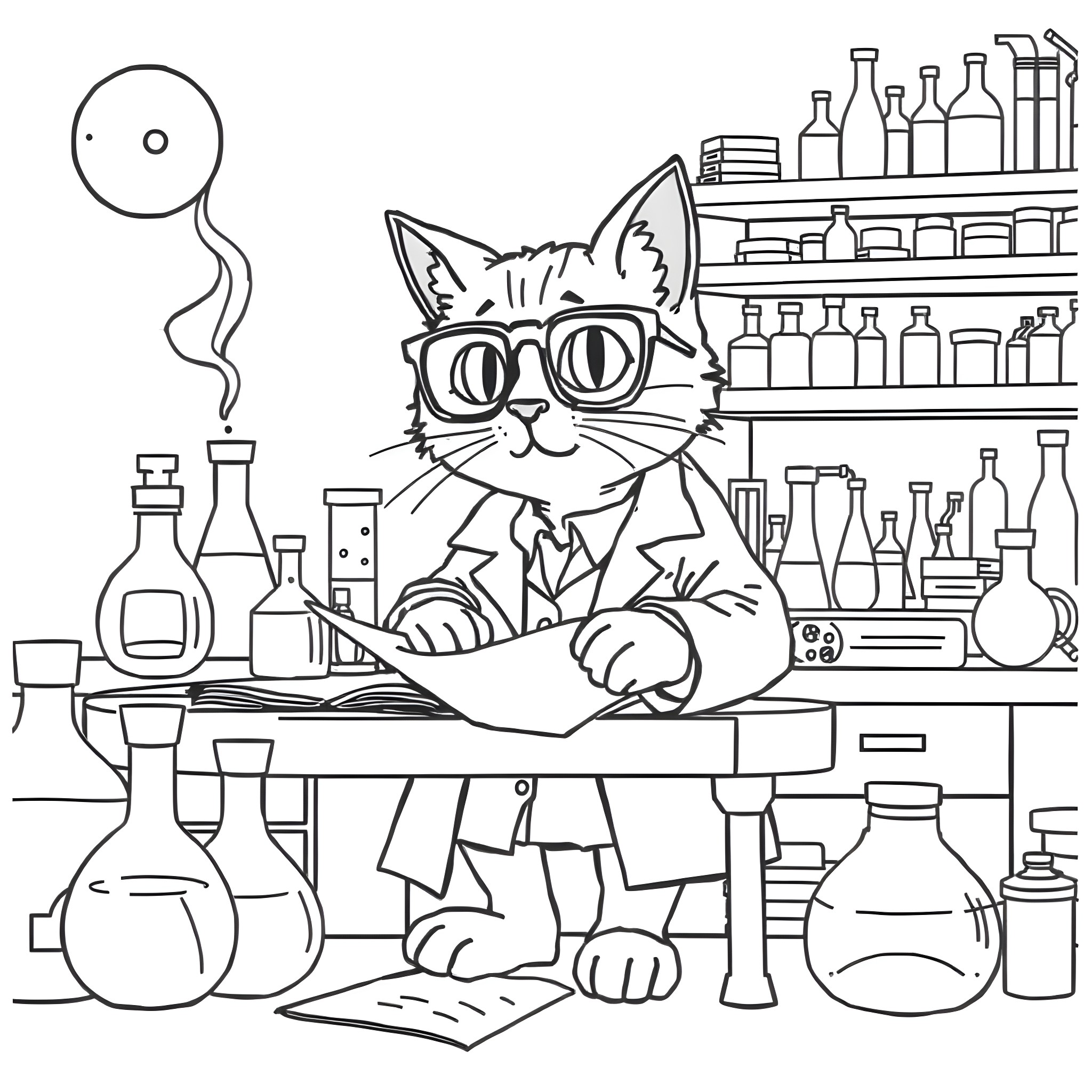 Cat working diligently in a laboratory Coloring Page (free black-and-white line drawing printable PDF for all, from beginners to advanced learners, including children, teens, adults, and seniors)
