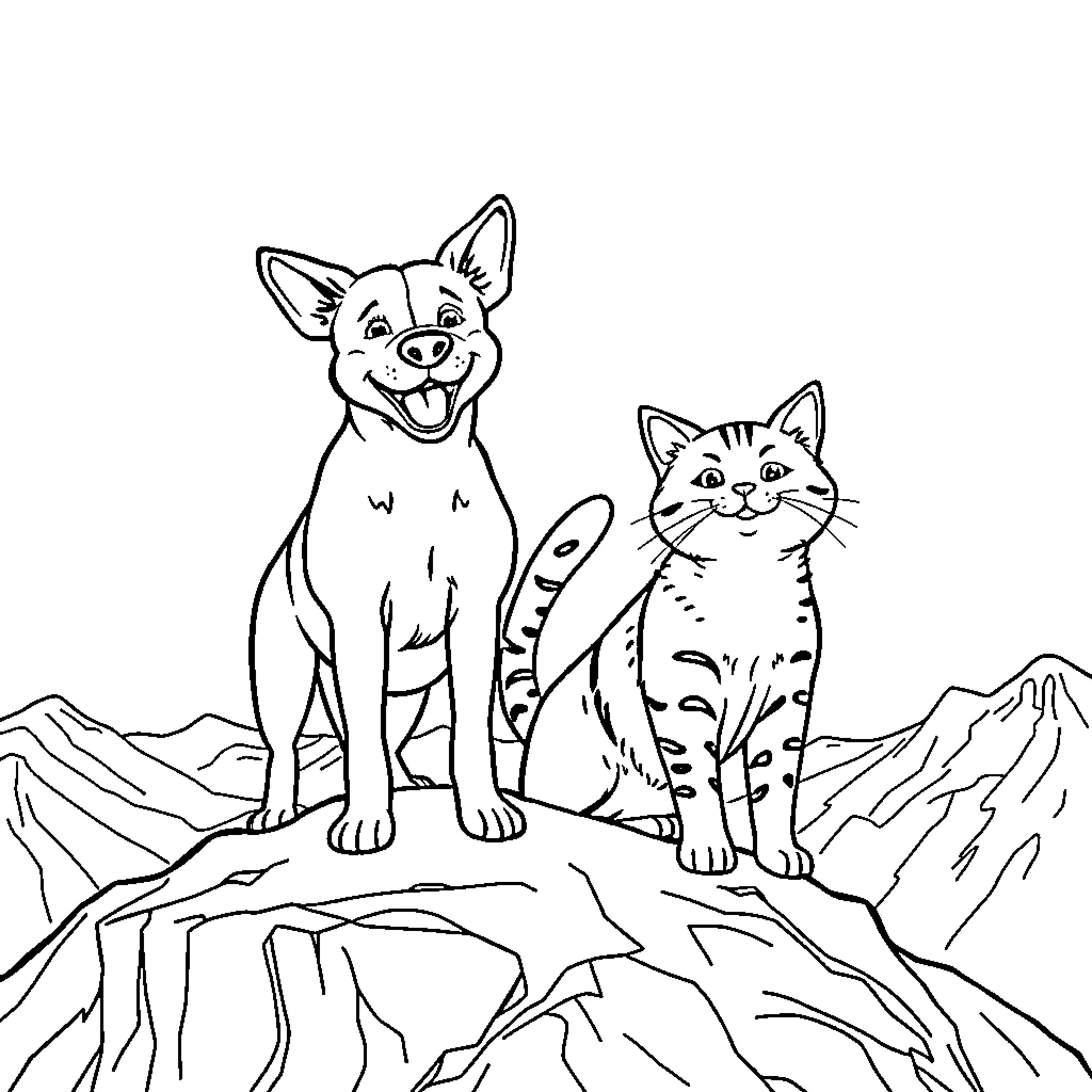 Dog and cat posing together on a cliff Coloring Page (free black-and-white line drawing printable PDF for all, from beginners to advanced learners, including children, teens, adults, and seniors)