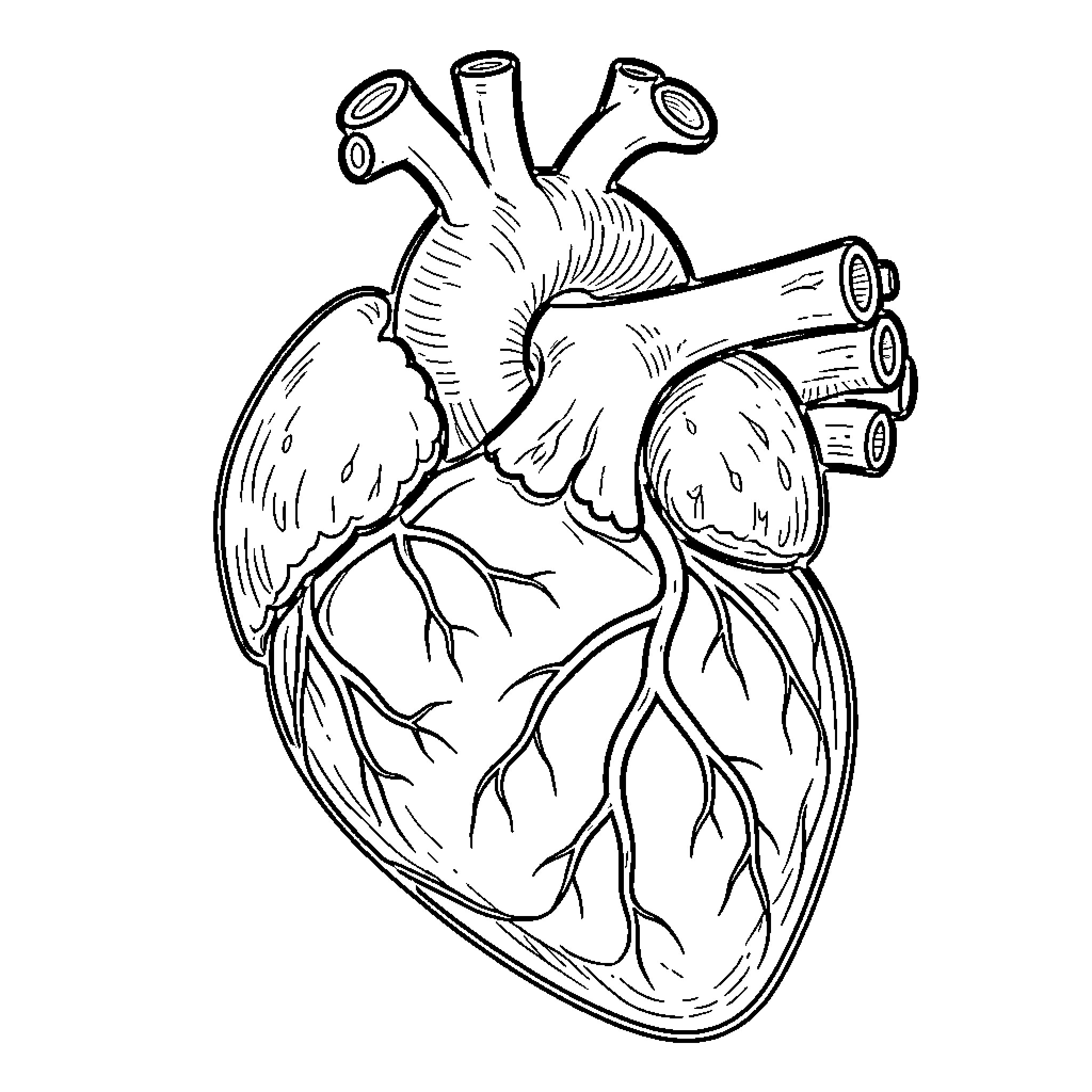Heart Anatomical Illustration Coloring Page (free black-and-white line drawing printable PDF for all, from beginners to advanced learners, including children, teens, adults, and seniors)