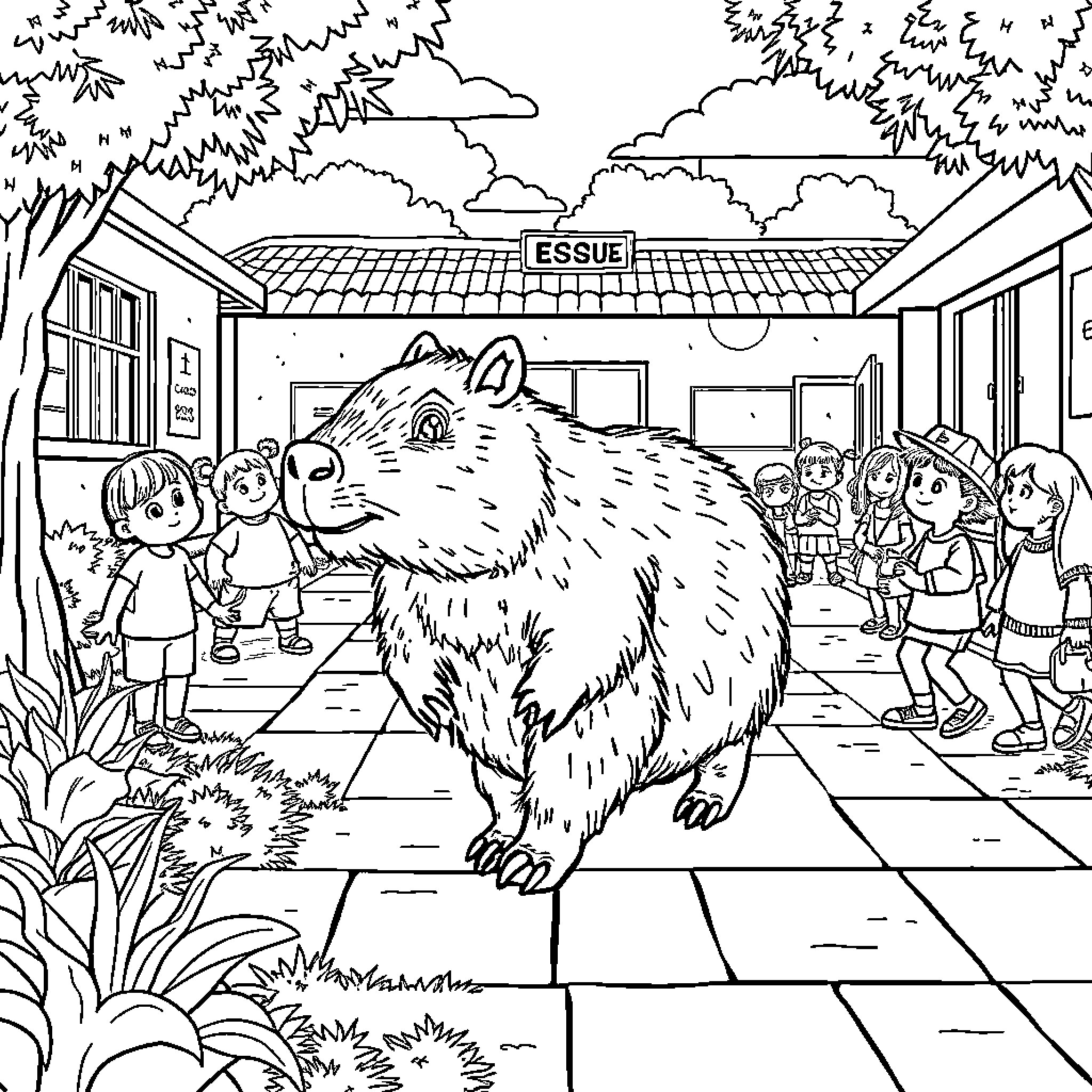 Capybara chilling in a public space Coloring Page (free black-and-white line drawing printable PDF for all, from beginners to advanced learners, including children, teens, adults, and seniors)