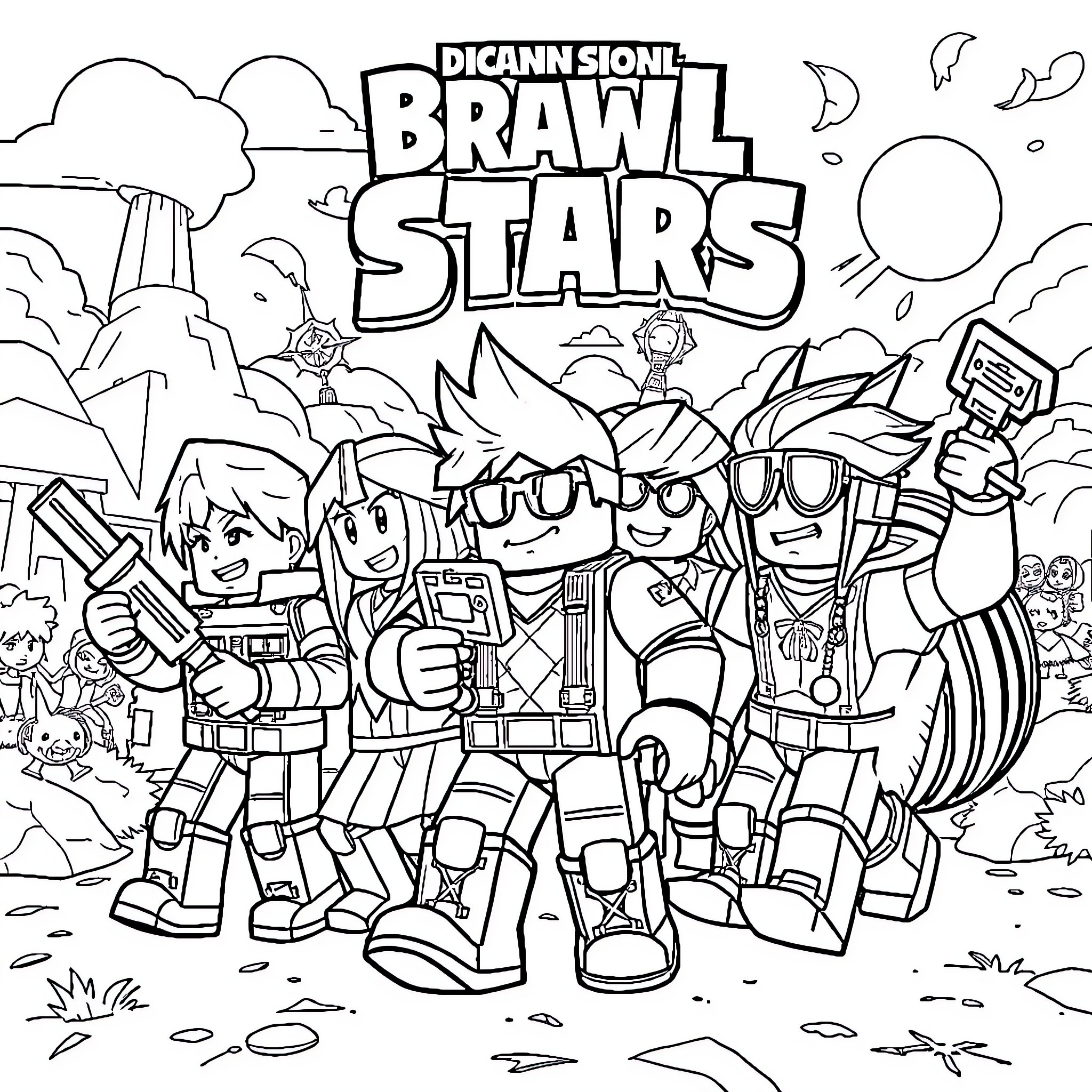 Brawl Stars Characters in Heroic Poses Coloring Page (free black-and-white line drawing printable PDF for all, from beginners to advanced learners, including children, teens, adults, and seniors)