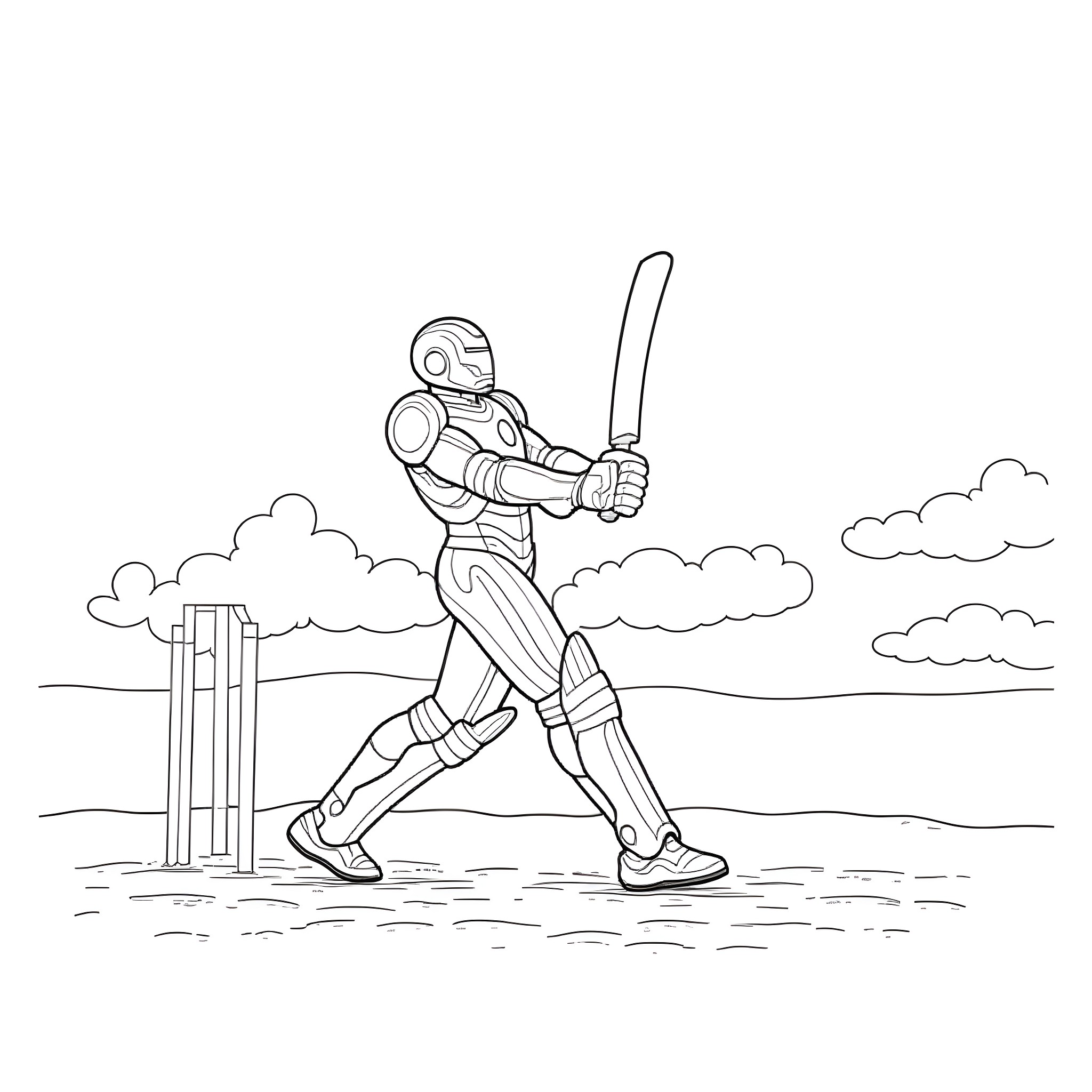 Ironman cricket player batting on the field Coloring Page (free black-and-white line drawing printable PDF for all, from beginners to advanced learners, including children, teens, adults, and seniors)
