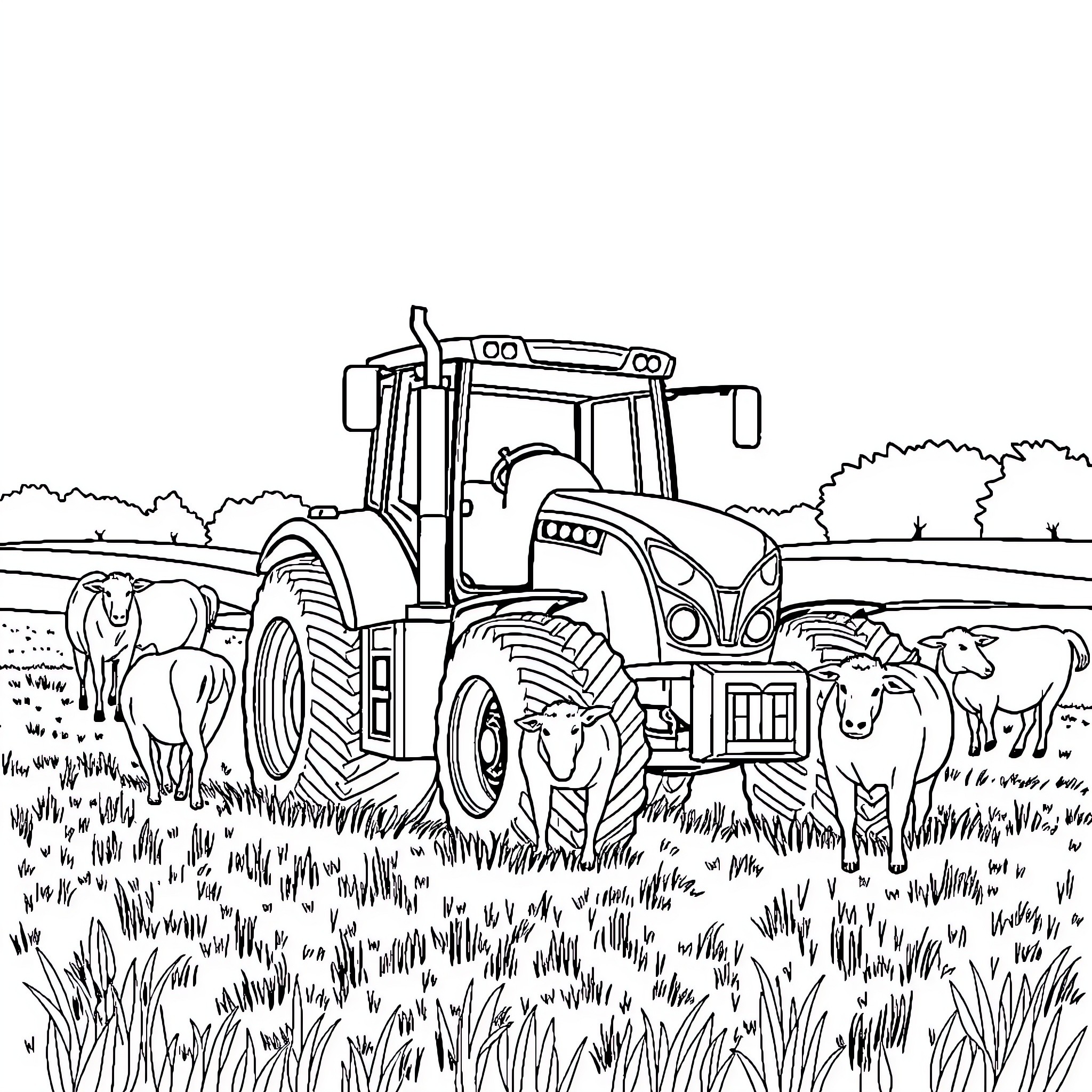 Tractor plowing through field with farm animals Coloring Page (free black-and-white line drawing printable PDF for all, from beginners to advanced learners, including children, teens, adults, and seniors)