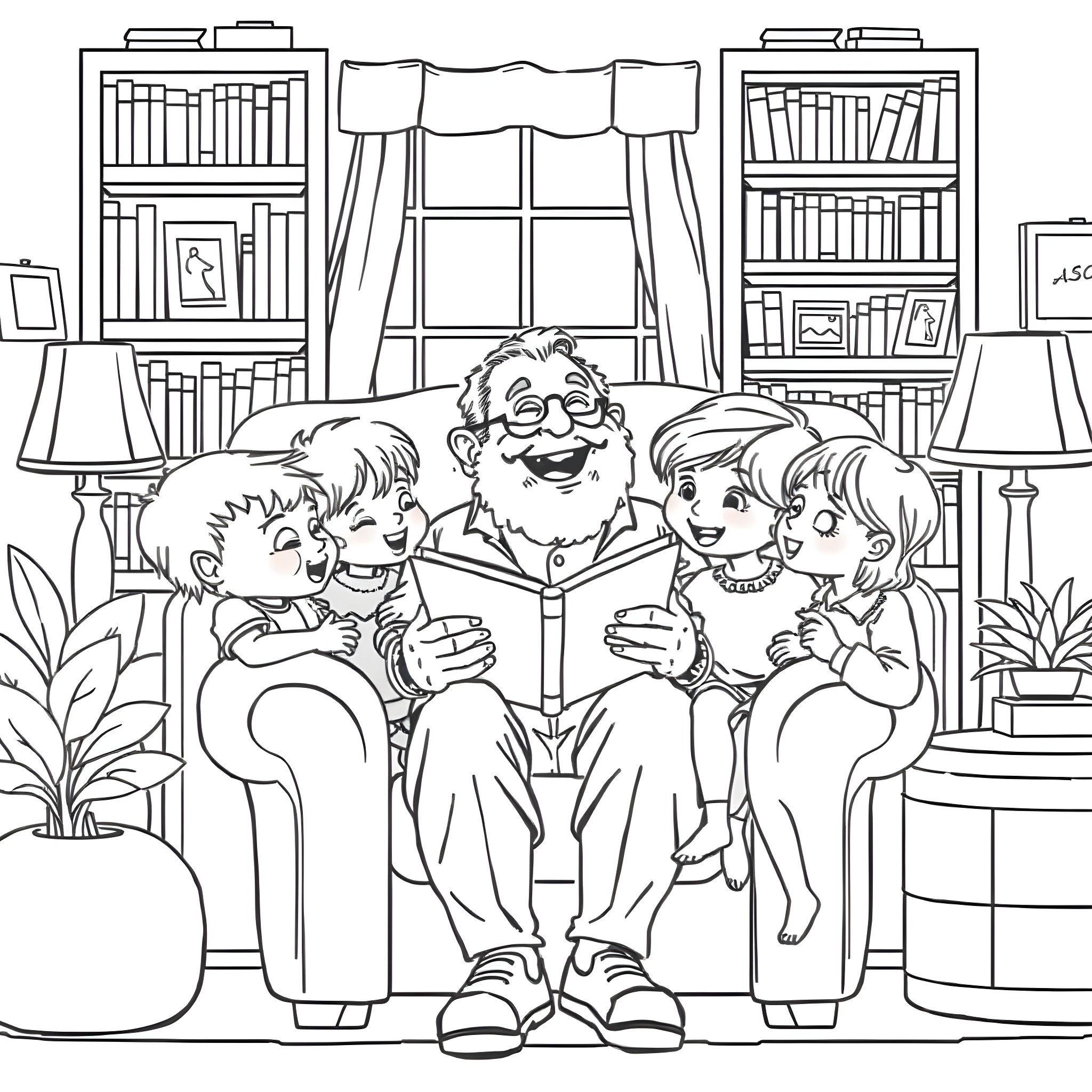 Grandad reading a book to his grandchildren Coloring Page (free black-and-white line drawing printable PDF for all, from beginners to advanced learners, including children, teens, adults, and seniors)