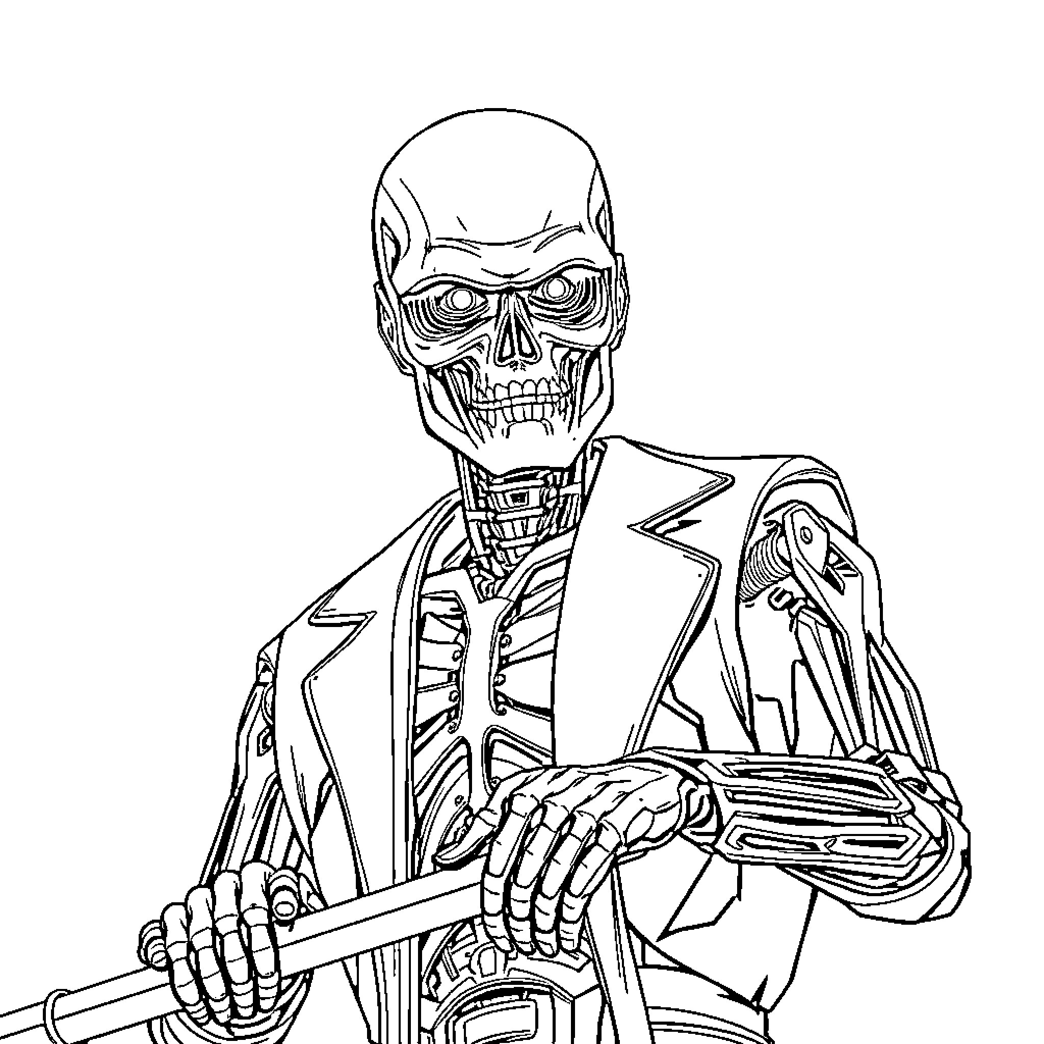 Terminator skeleton in futuristic battle attire Coloring Page (free black-and-white line drawing printable PDF for all, from beginners to advanced learners, including children, teens, adults, and seniors)