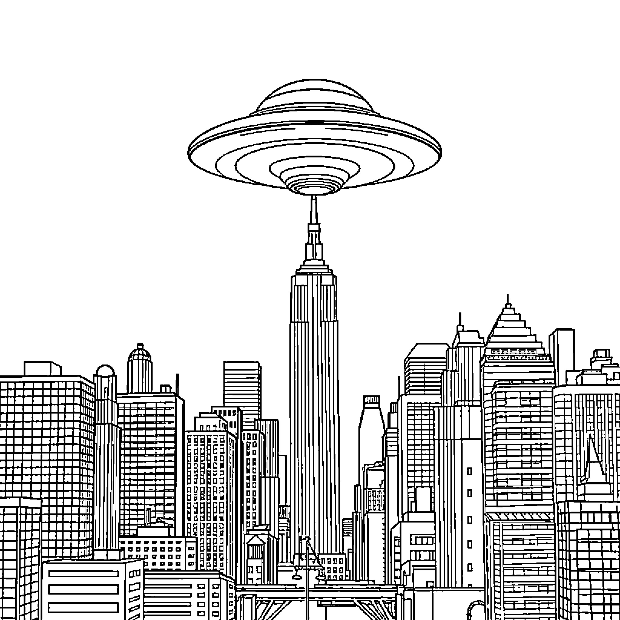 New York City skyline with UFO hovering above Coloring Page (free black-and-white line drawing printable PDF for all, from beginners to advanced learners, including children, teens, adults, and seniors)
